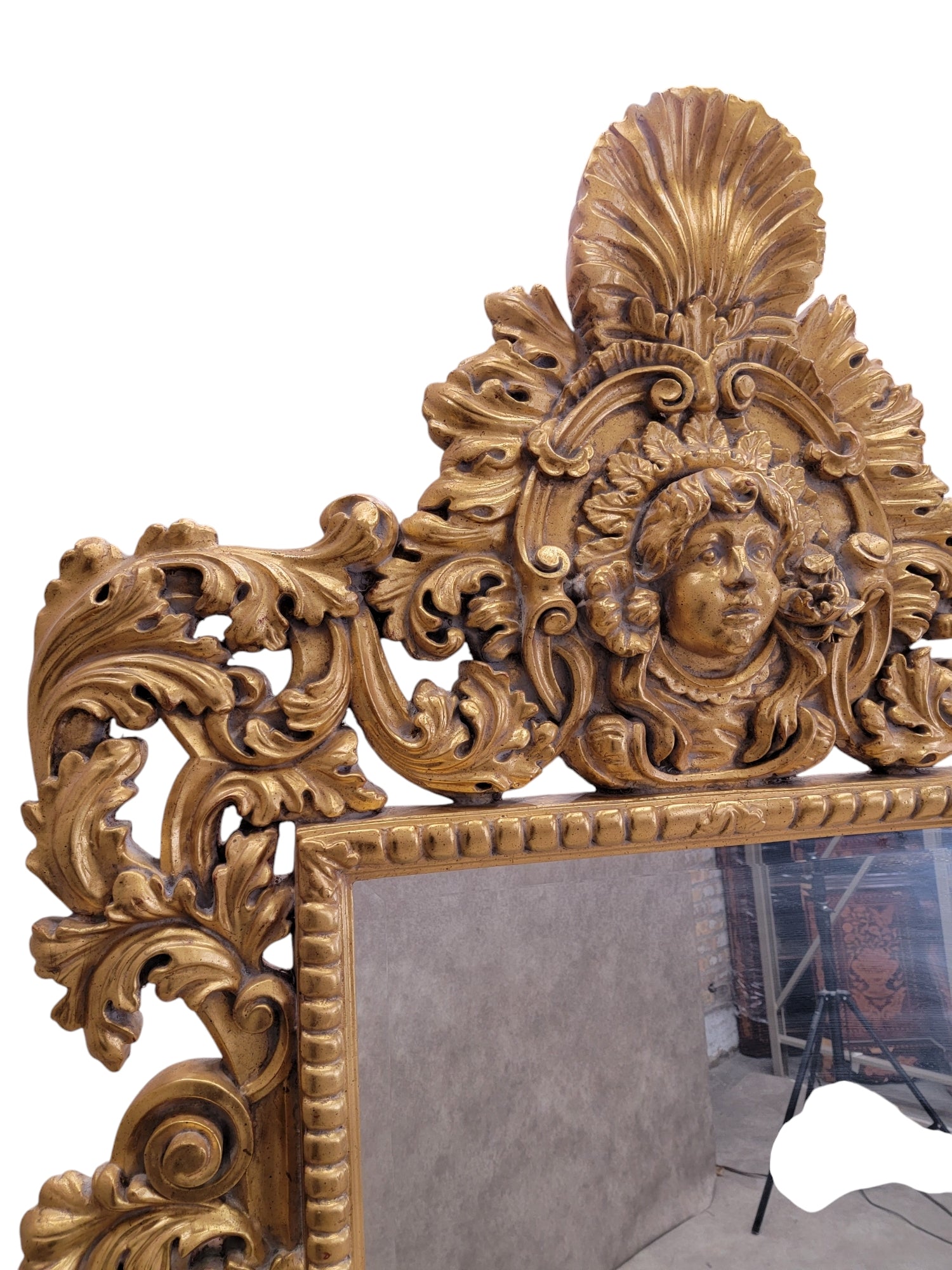 Vintage Hollywood Regency Italian Versace Style Carved Ornate Gold Gilded Figural Beveled Wall Mirror