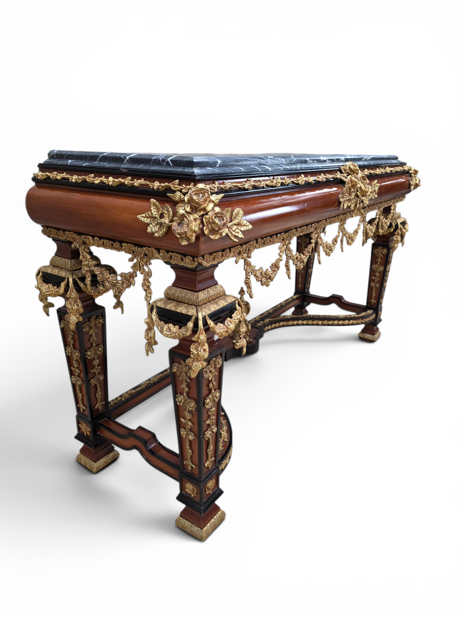 New - Antique French Louis XVI Napoleon III Style Mahogany, Gilt Bronze & Black Marble Console Table with Matching Mirror
