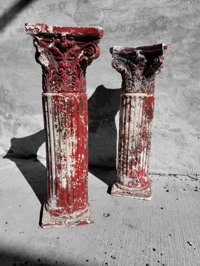 Vintage Patinated Red Resin Corinthian Column Plant Stand Pedestals - Pair
