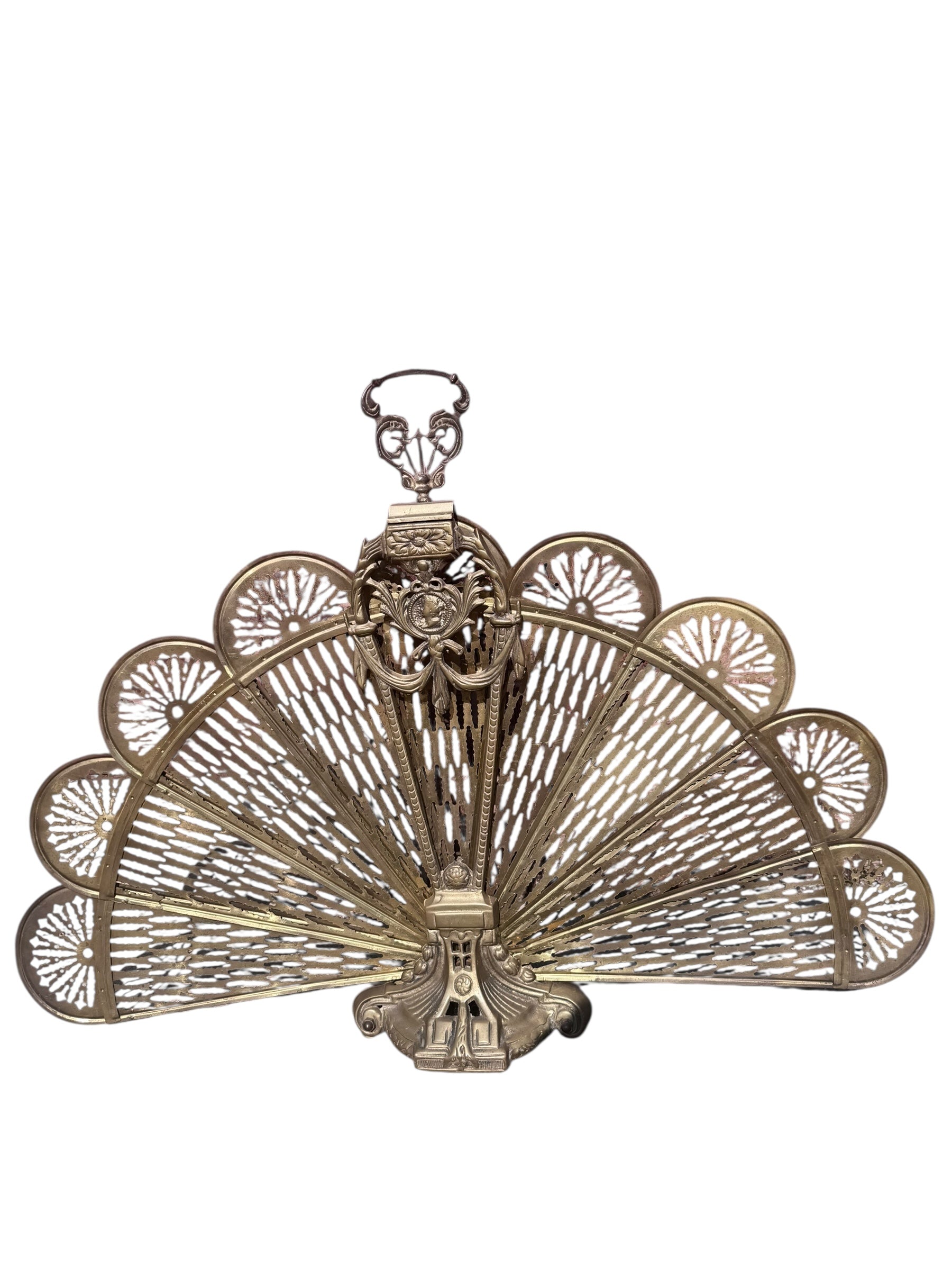 Antique Victorian Style Brass Peacock Fan Style Fireplace Screen