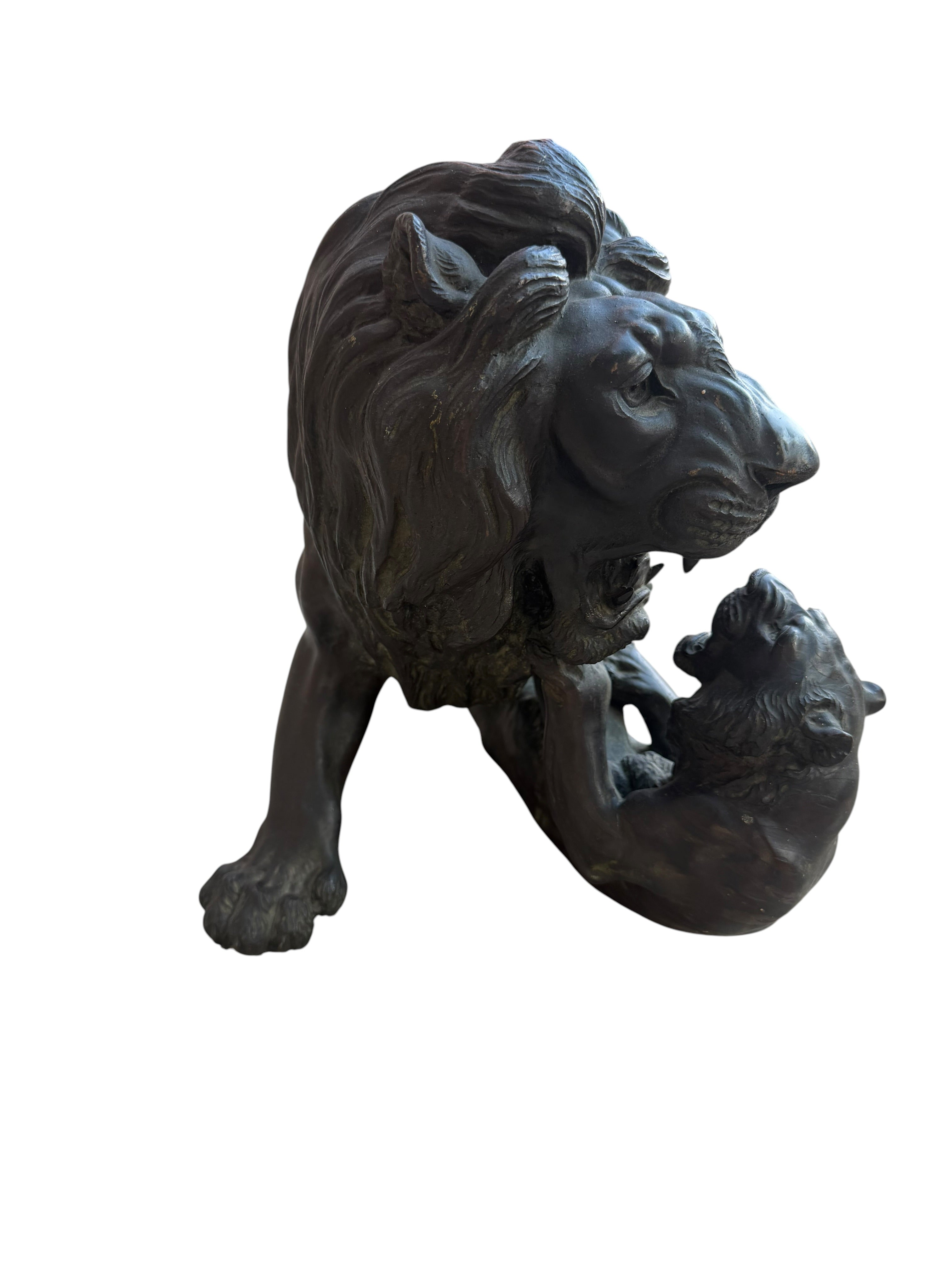 Antique Patinated Bronze Lion and Tiger Animalier Sculpture