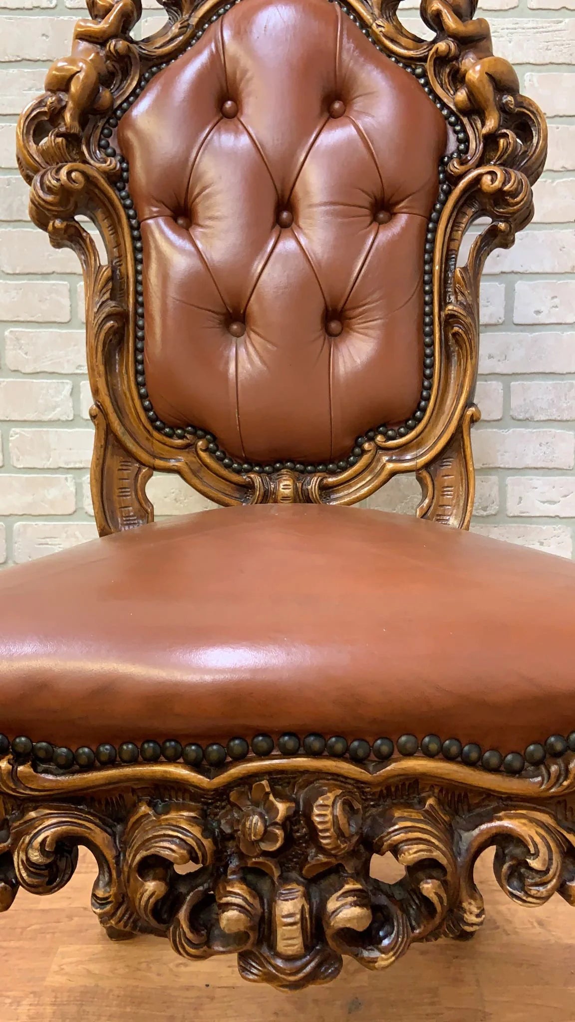 Antique Italian Rococo Style Heavily Carved Ornate Figural Tufted Dining Chairs in a Original Brown Leather - Set of 4