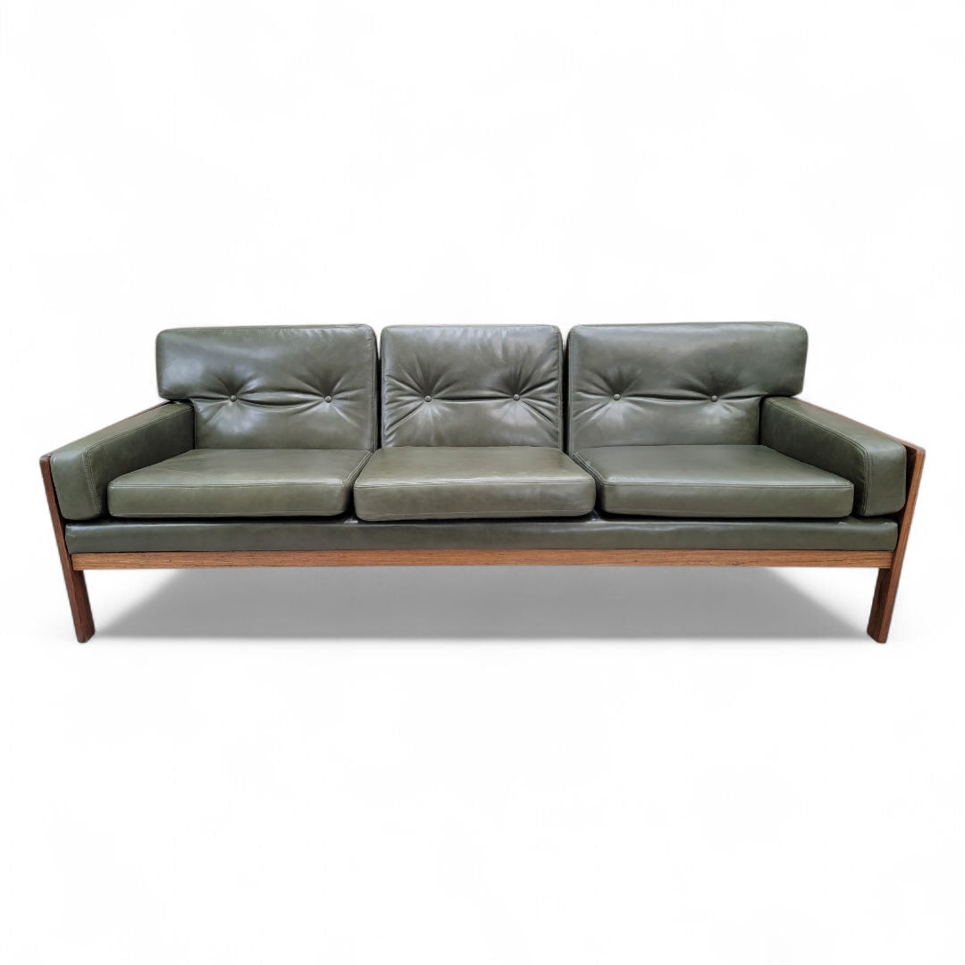 New - Mid Century Danish Modern Vatne Mobler Teak Frame Sofa & Club Chairs Newly Upholstered in Italian Hunter Green Leather