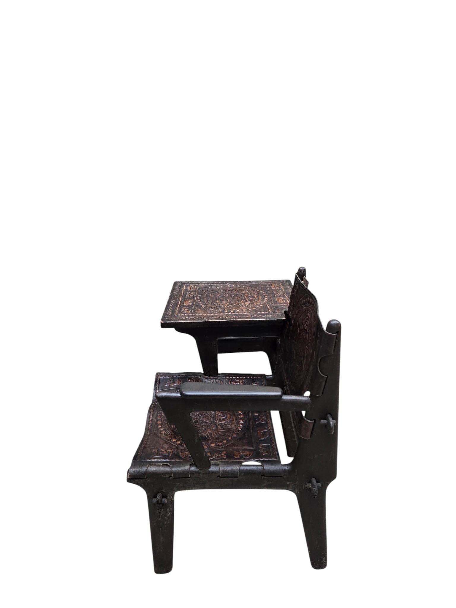 Vintage Rustic Tooled Leather Primitive Gossip Chair by Angel Pazmino