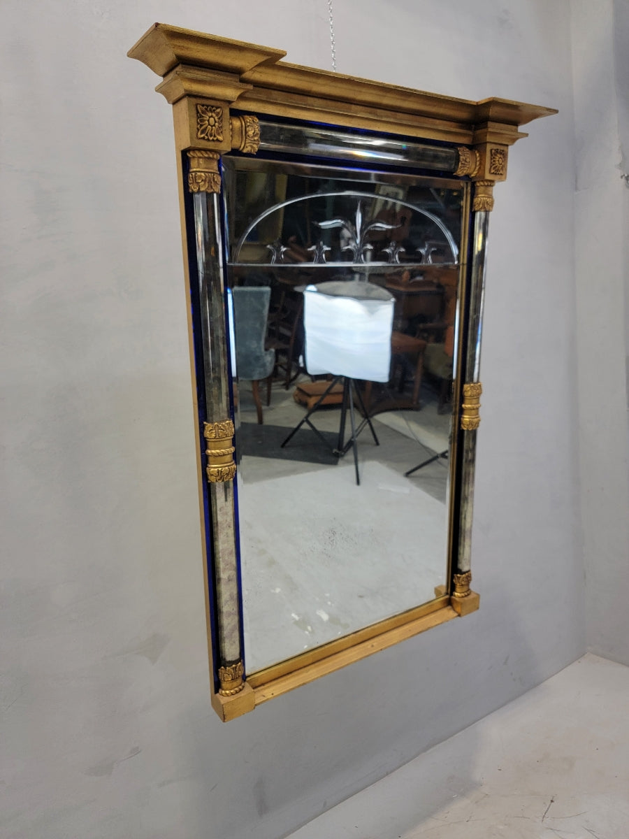 Vintage Empire Federal Style Gilt Wall Mirror with Beveled Glass Edges and Cobalt Blue Trim