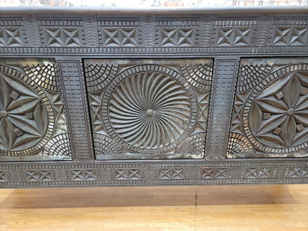 Vintage Chinese Ornate Carved Elmwood Sideboard with Horse Carvings and Carved Doors