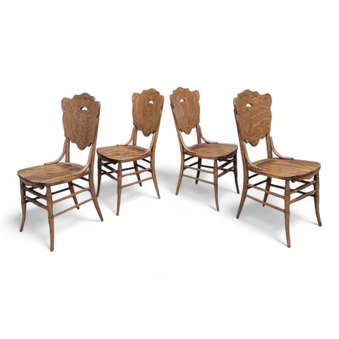 Antique Bent Quarter-Sawn Oak Cut Out Back Chairs - Set of 4