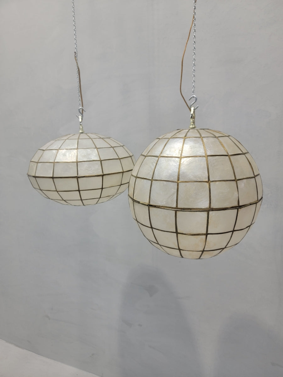 Vintage Modern Capiz Shell & Brass Hanging Pendant Lights - Set of 2