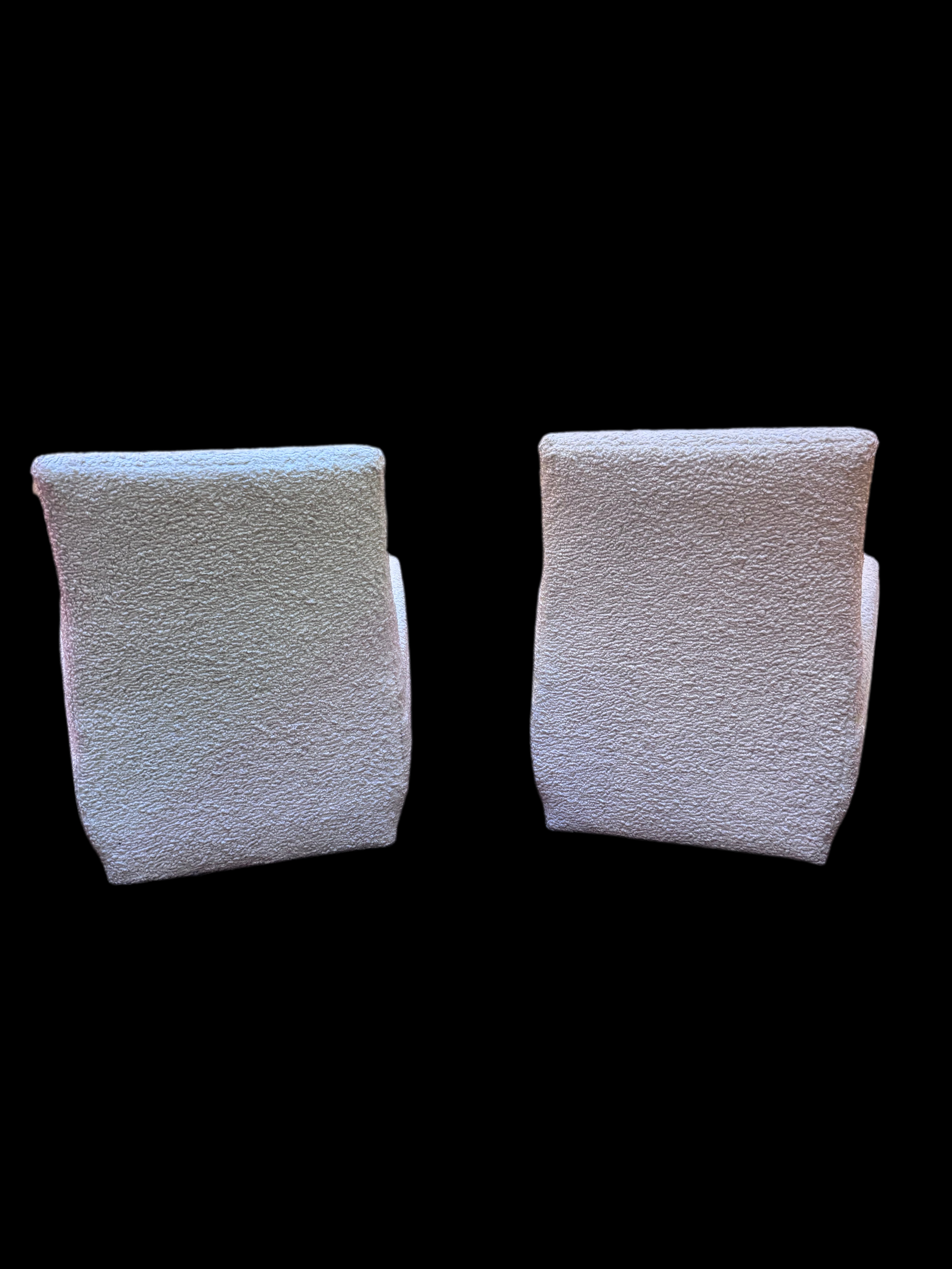 Mid Century Postmodern Italian Slant Back Club Chairs Newly Reupholstered in White Boucle - Pair