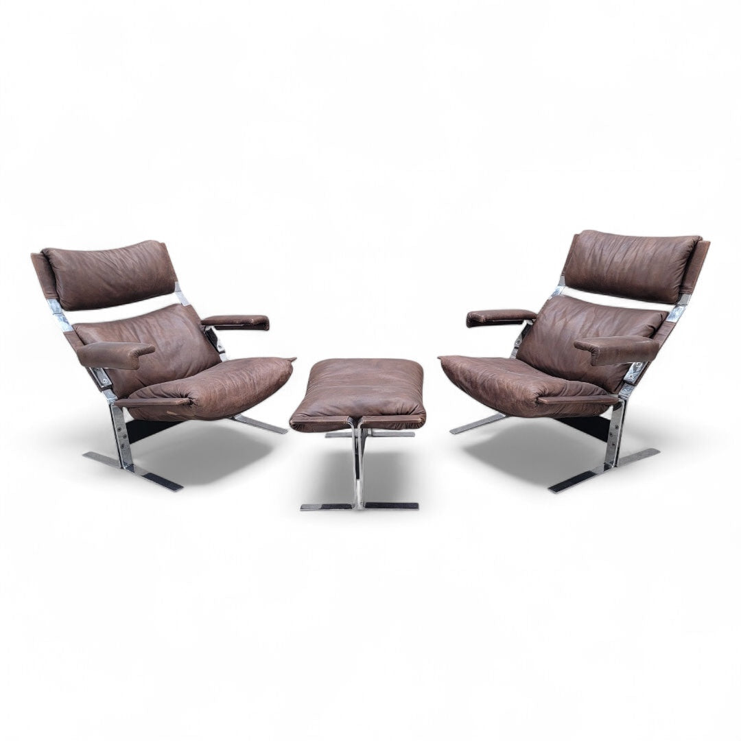Mid Century Modern Richard Hersberger Brown Leather and Chromium Lounge Chairs and Ottoman