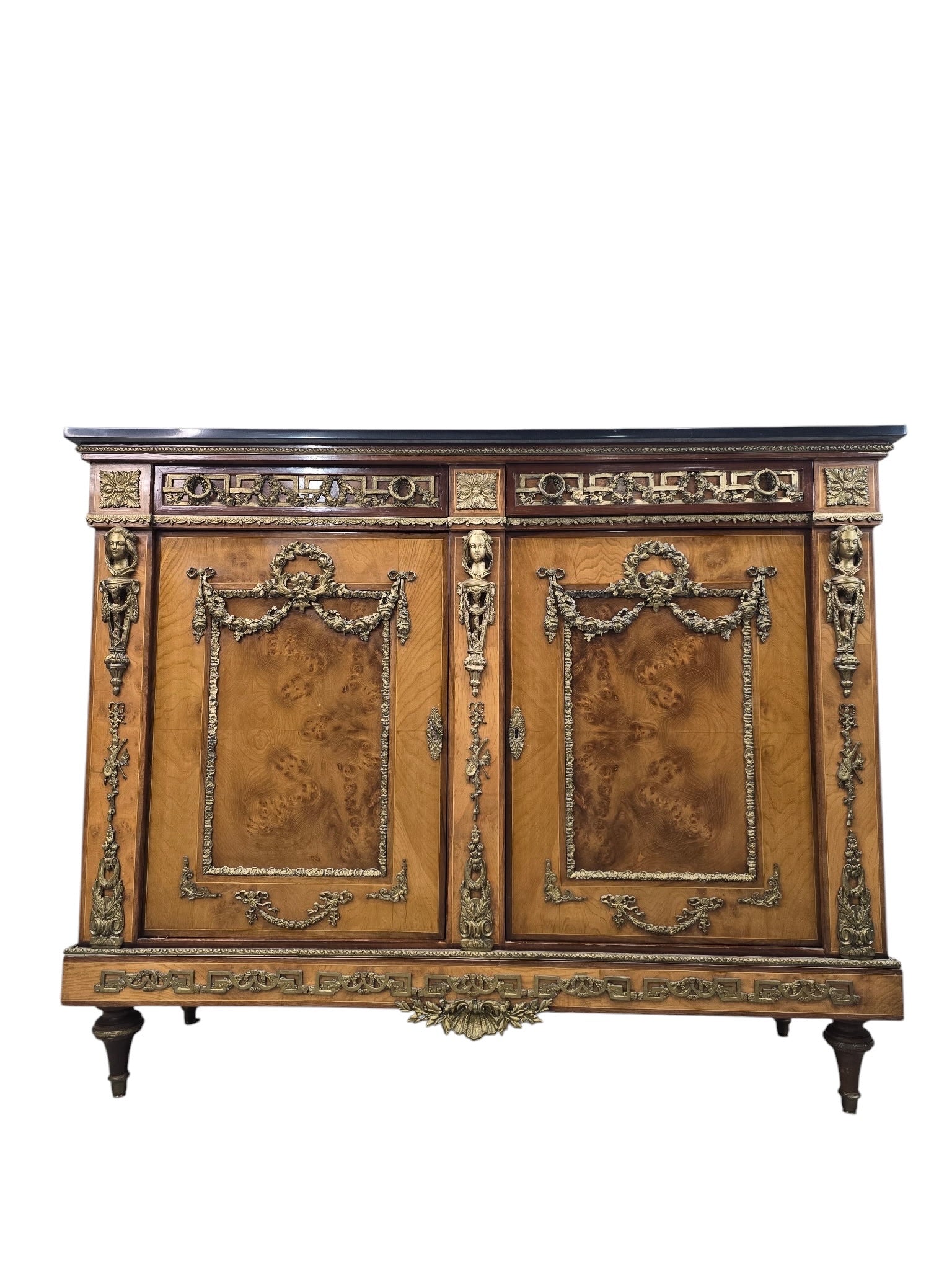 Antique French Louis XVI Style Bronze Mounted Marble Top Cabinet / Server