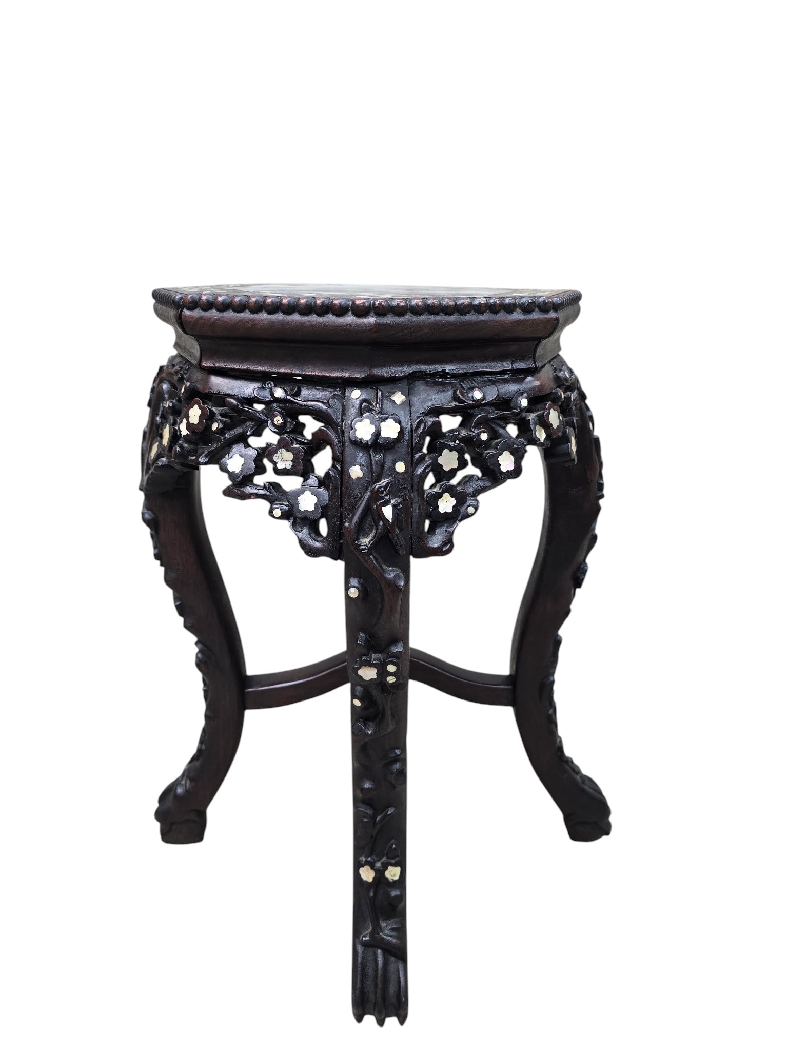 Antique Chinese Carved Hardwood Side Table with Marble Insert & Mother-of-Pearl Inlay
