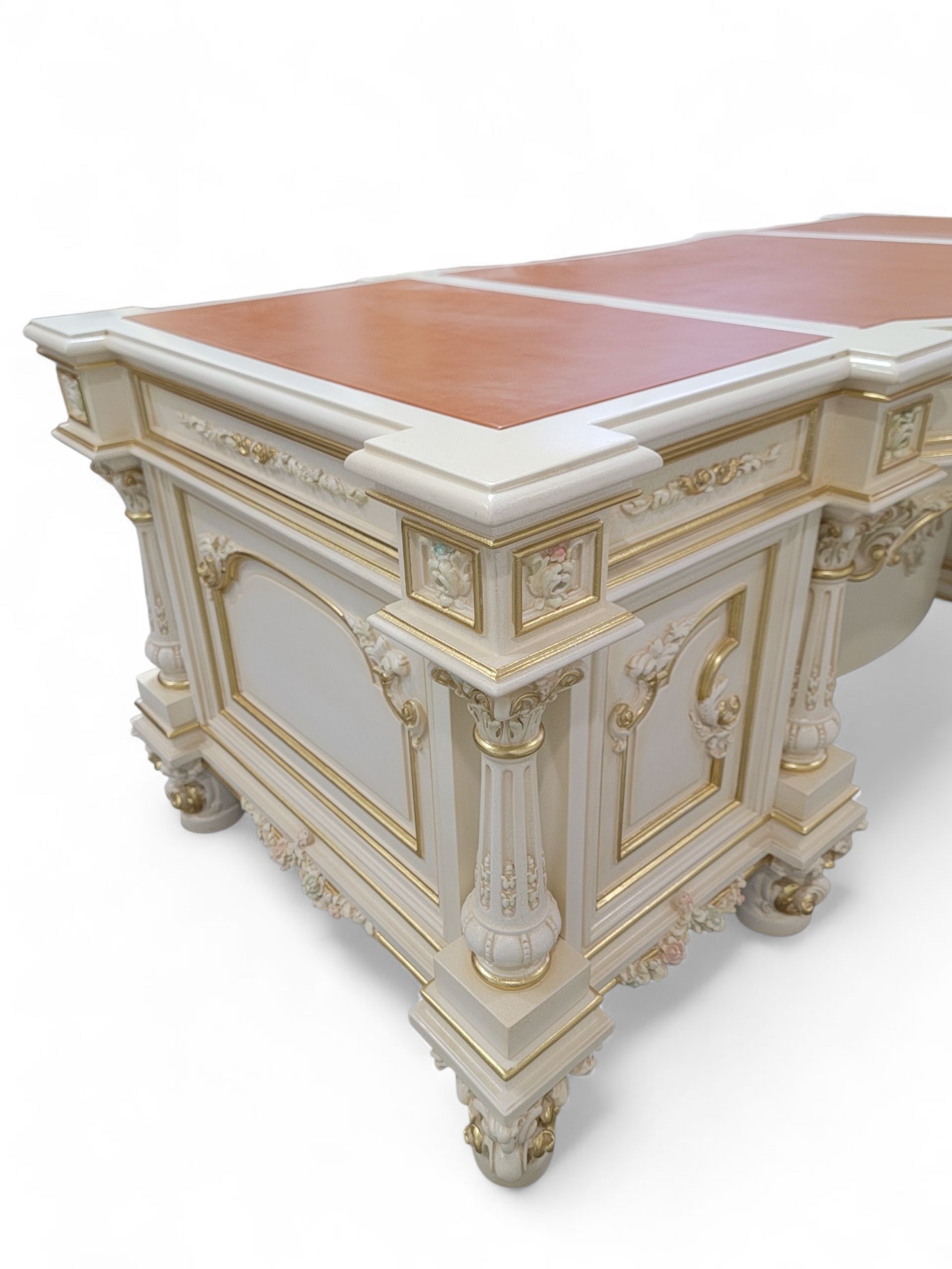 Vintage Custom Venetian Antique Rococo Style Antique White Carved Executive Desk