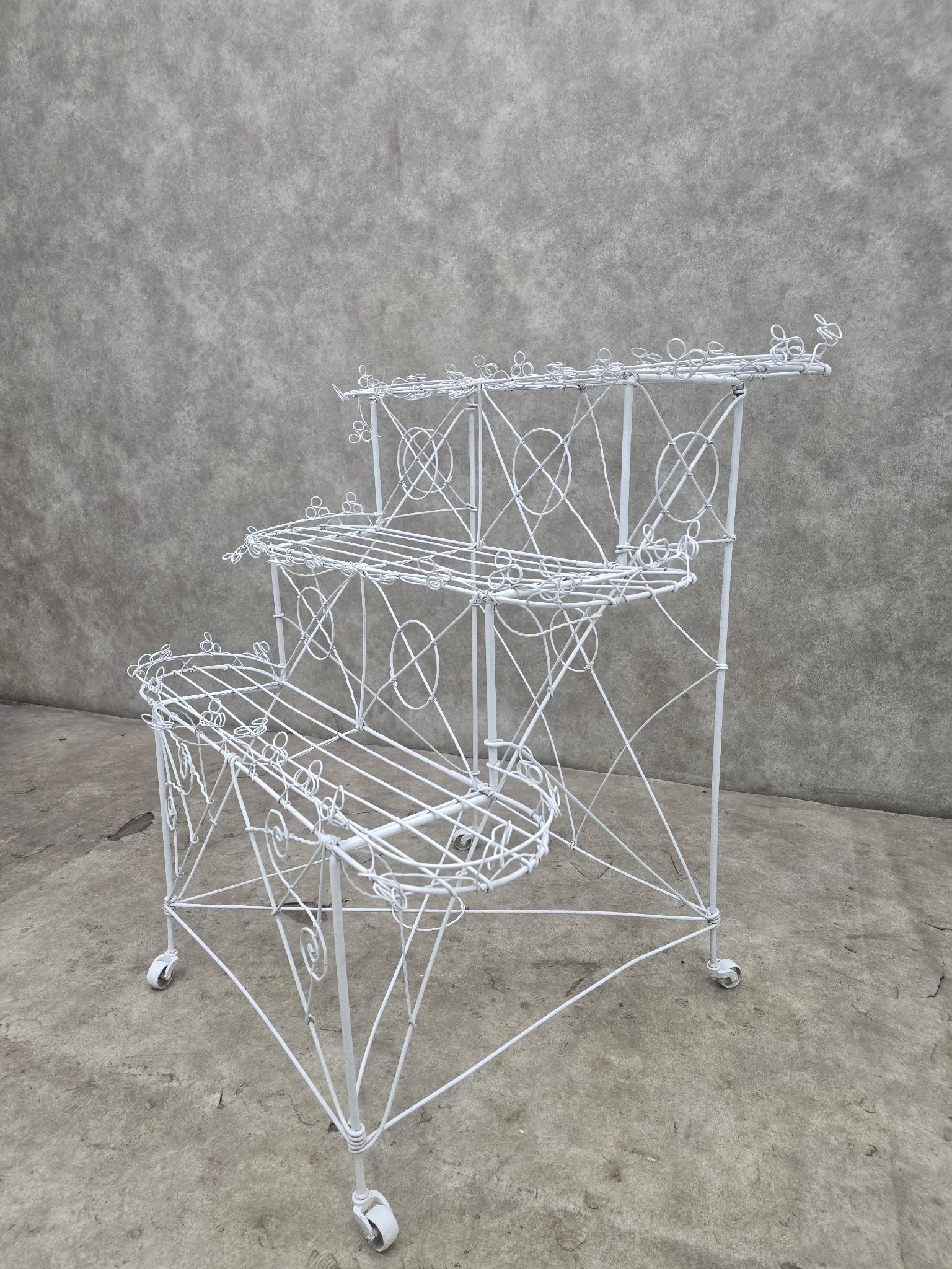 Vintage White Wire 3-Tier Rolling Plant Stand on Casters
