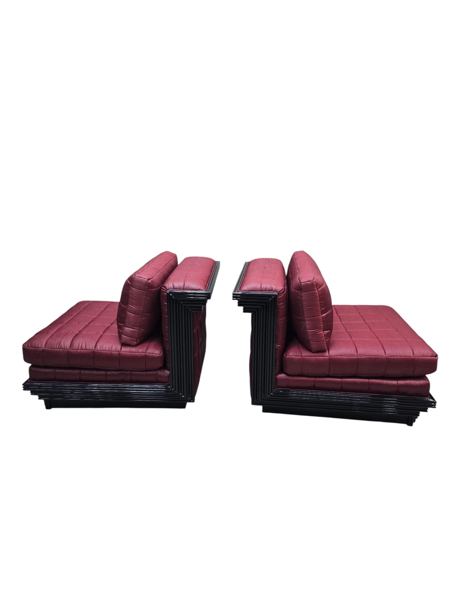 Postmodern Lounge Chairs with Stepped Black Lacquer Bases by Interior Crafts