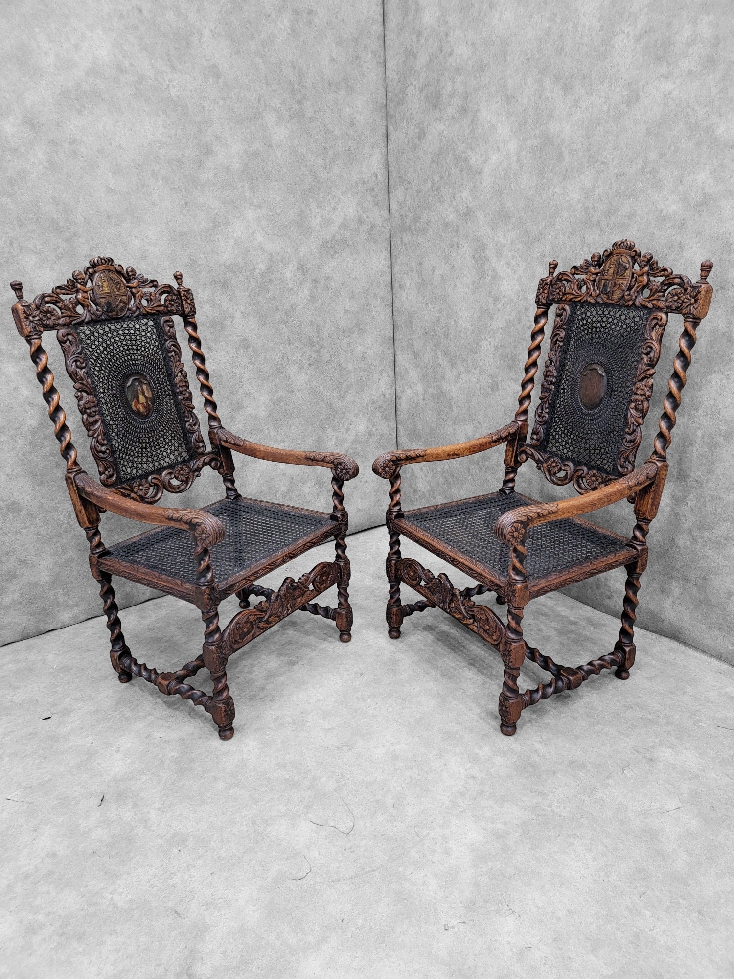 Antique French Jacobean/Renaissance Revival Carved Ornate Figural Throne Chairs - Pair