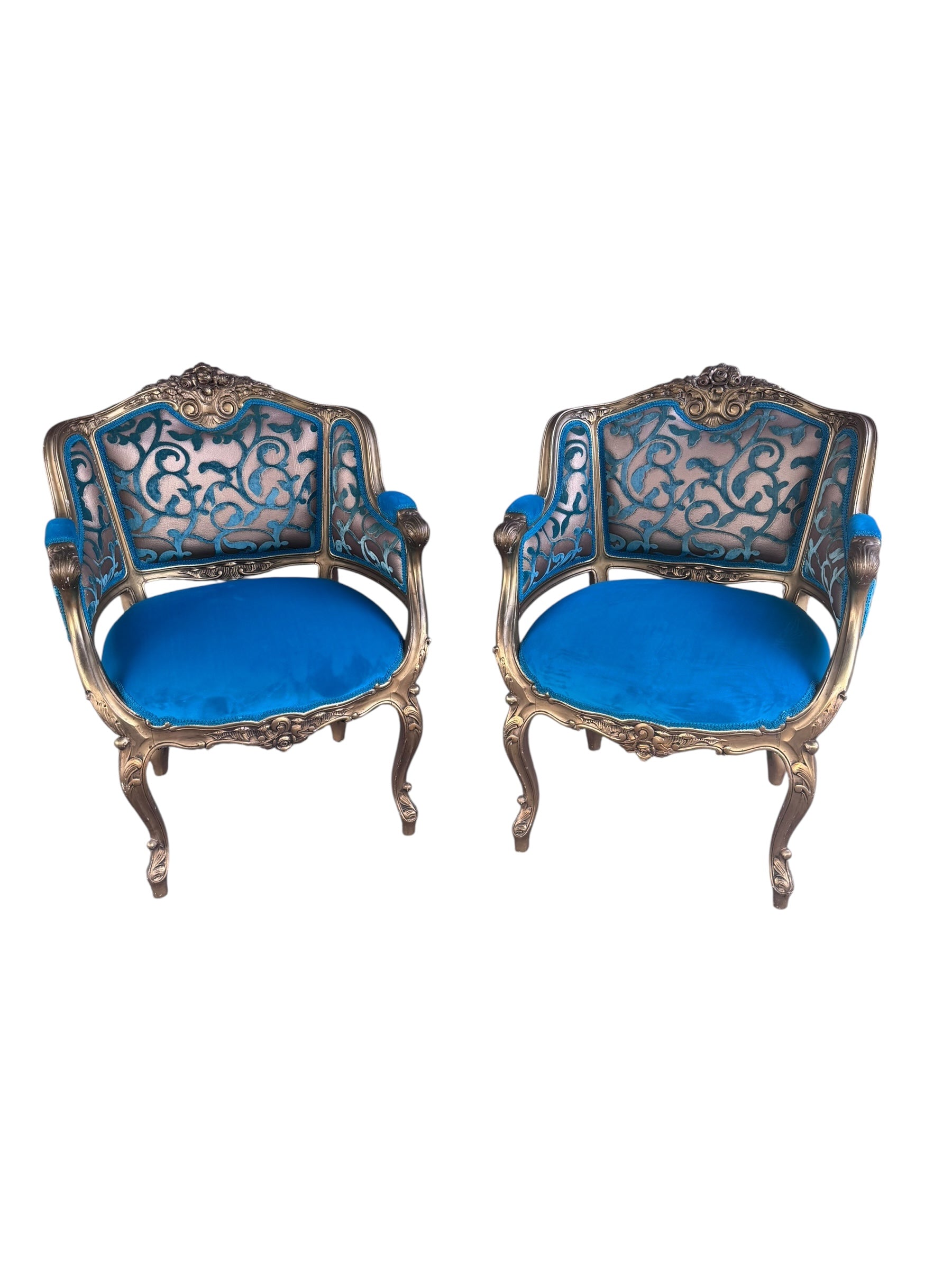 Antique French Louis XV Style Carved Bergere Giltwood Chairs - Pair