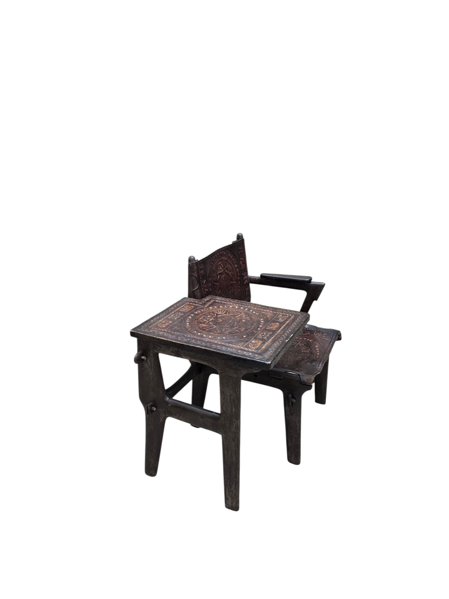 Vintage Rustic Tooled Leather Primitive Gossip Chair by Angel Pazmino