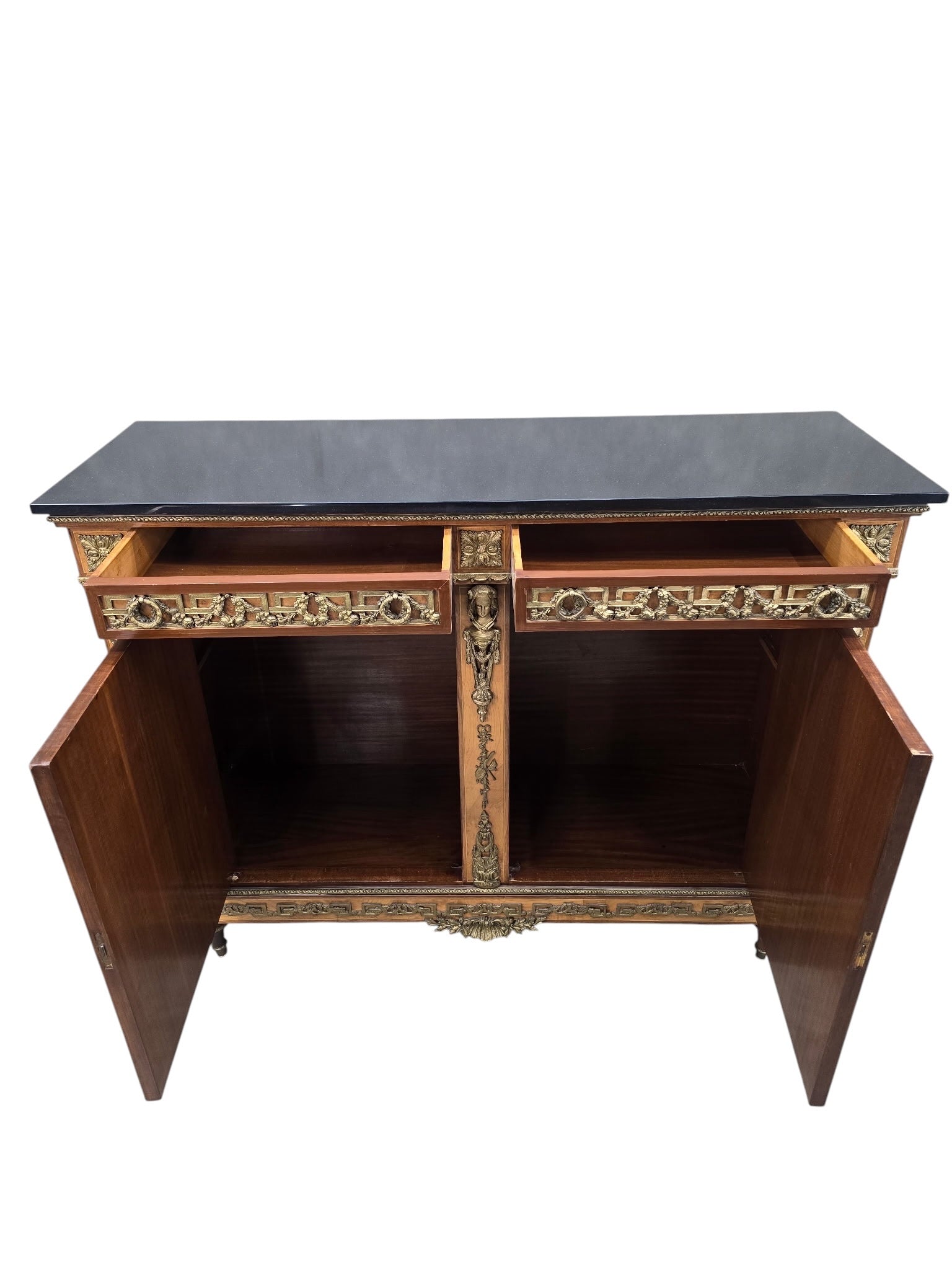 Antique French Louis XVI Style Bronze Mounted Marble Top Cabinet / Server