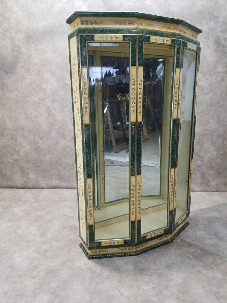 NEW - Vintage Mid Century Finely Etched Hand Painted Mackayite Green & Brass 2 Door Display Curio Cabinet