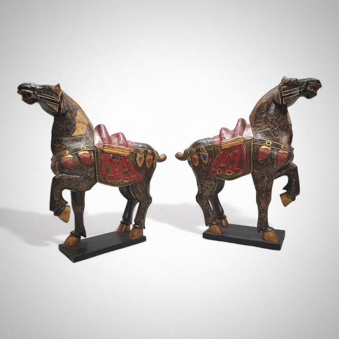 Vintage Tang Dynasty Style War Horse Floor Statues Sculptures - Set of 2