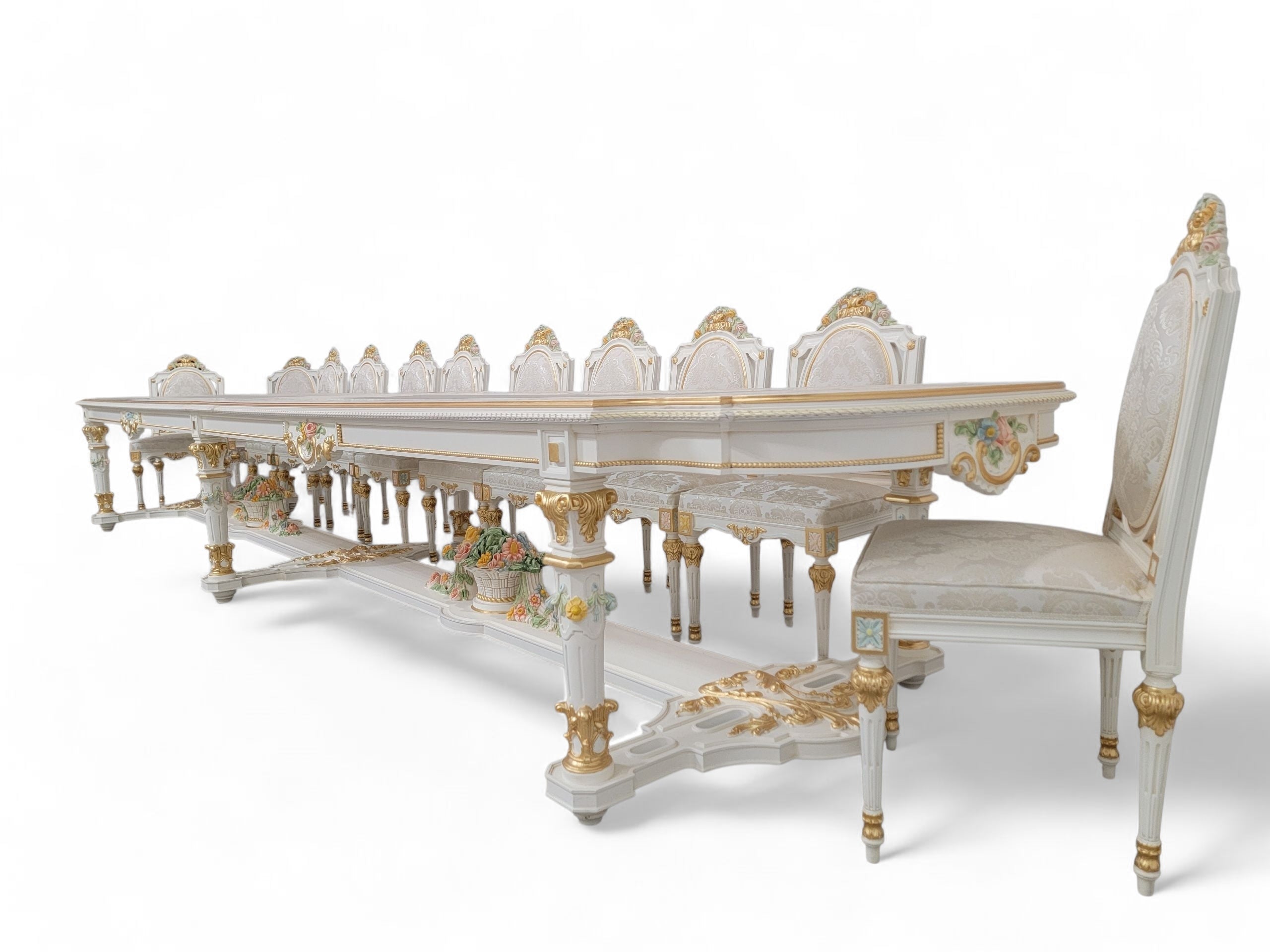 Vintage Monumental 20 Seat Venetian Rococo Gilded Hand Painted Capodimonte Style Dining Set