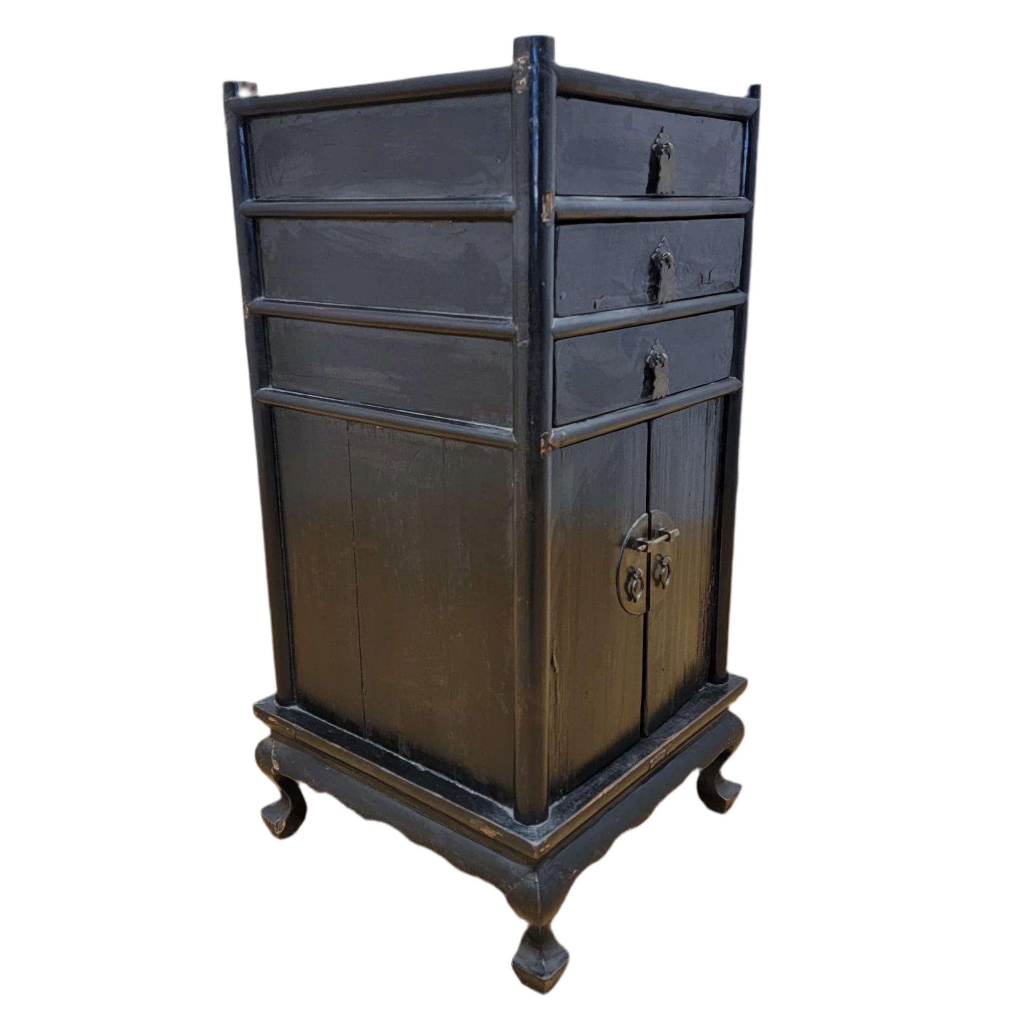 Antique Shanxi Province Elm and Black Lacquer Nightstand / Side Table with Storage