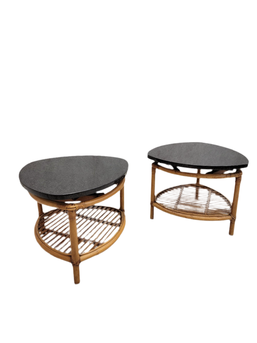 Vintage Paul Frankl Style Coastal Rattan Side Tables - Pair
