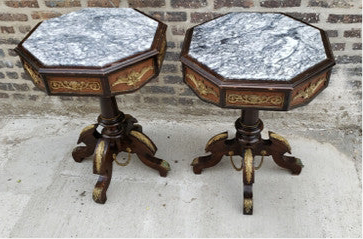 Antique French Regency Ormolu Octagon Inlaid Marble Top Side Tables - Pair