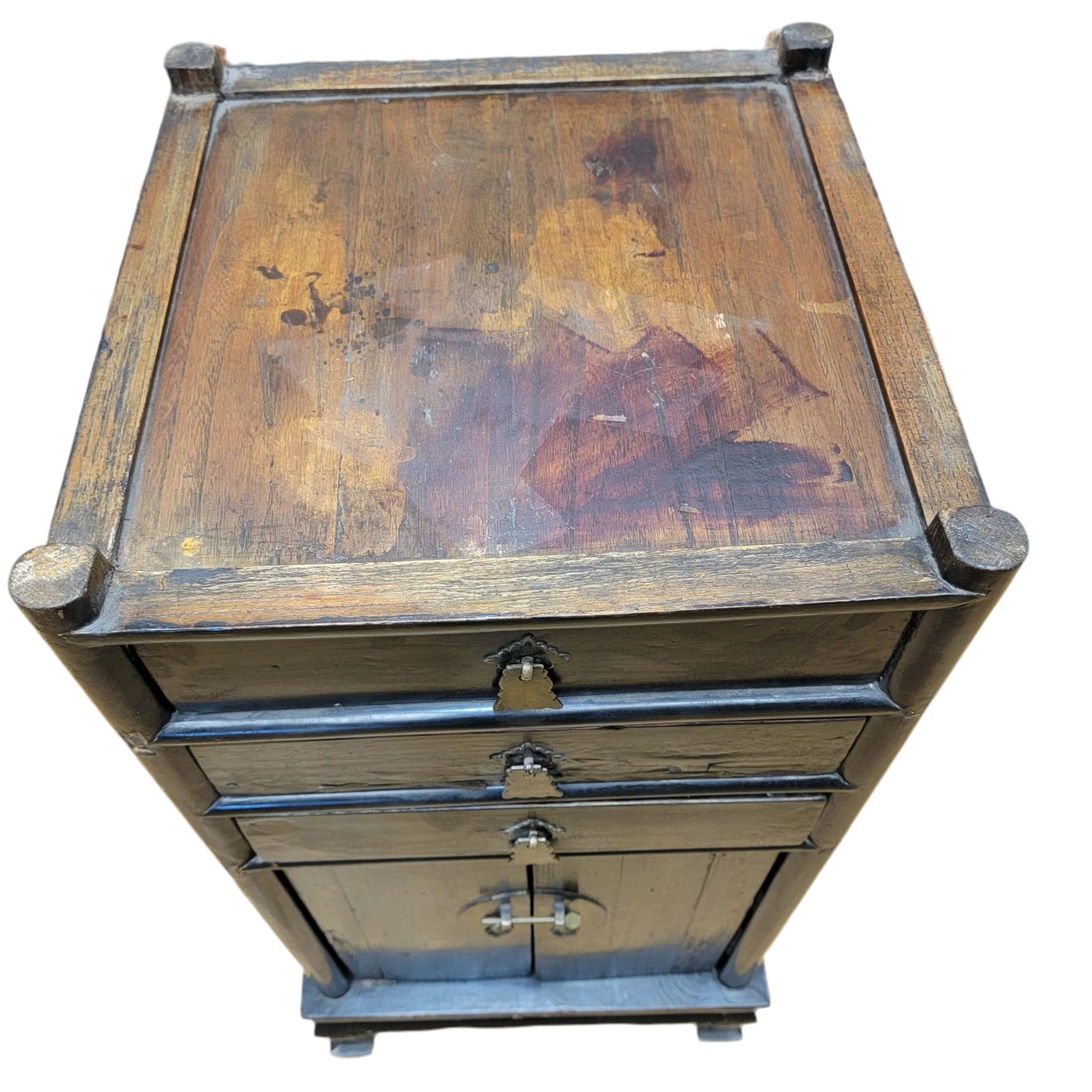Antique Shanxi Province Elm and Black Lacquer Nightstand / Side Table with Storage