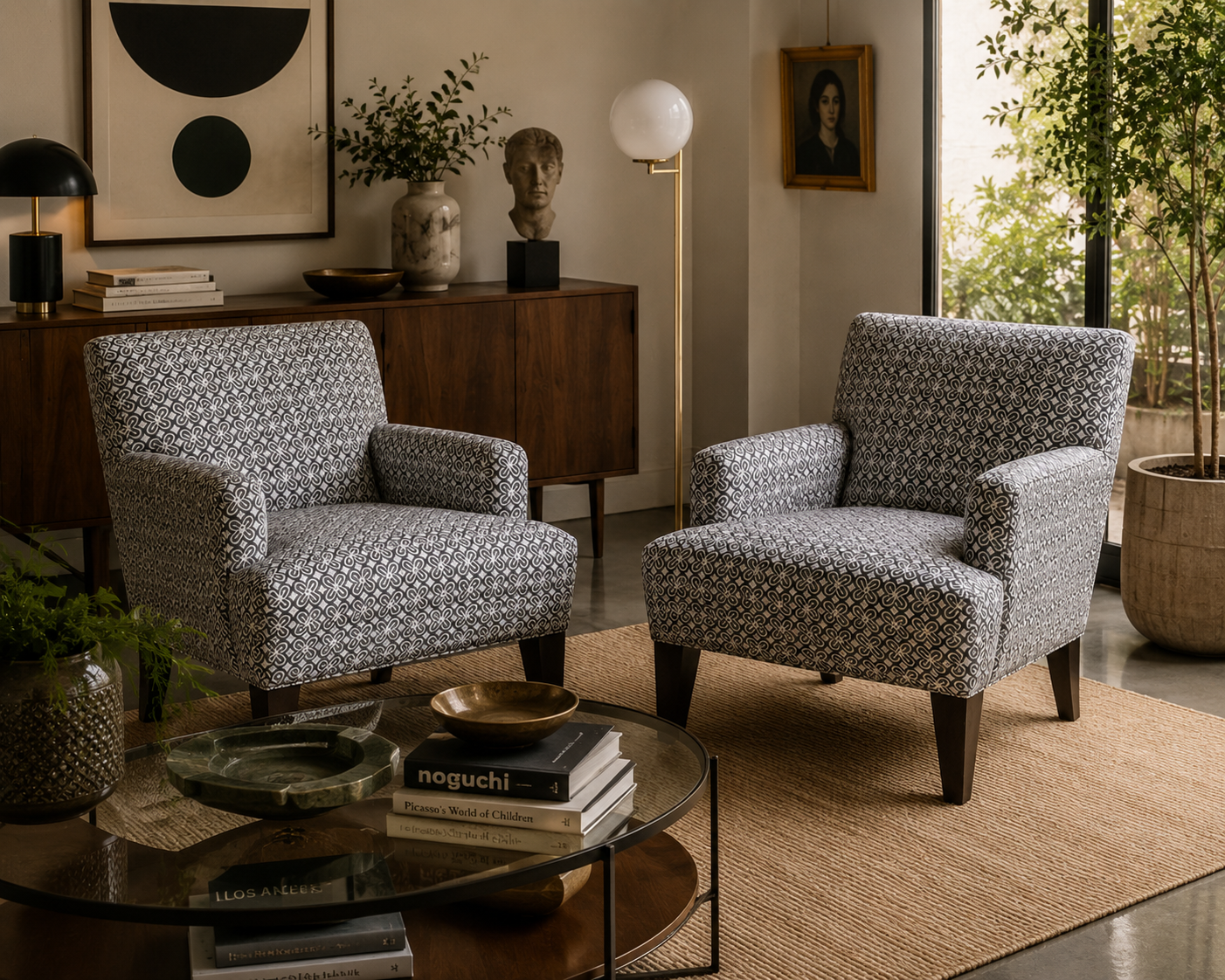 Vintage Contemporary Set of Retro Blue and Cream Print Club Chairs - Pair