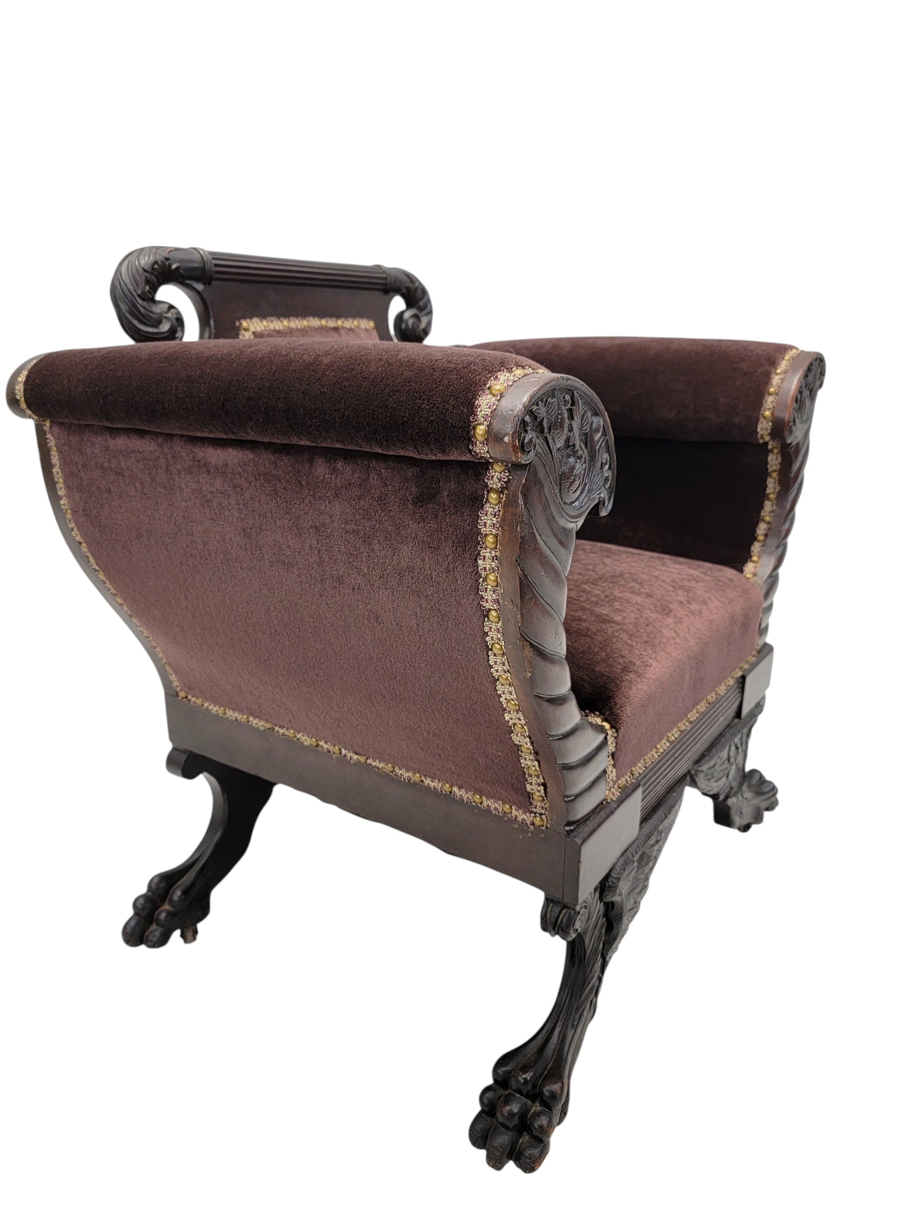 American Empire Mahogany Armchair Newly Reupholstered in Mohair