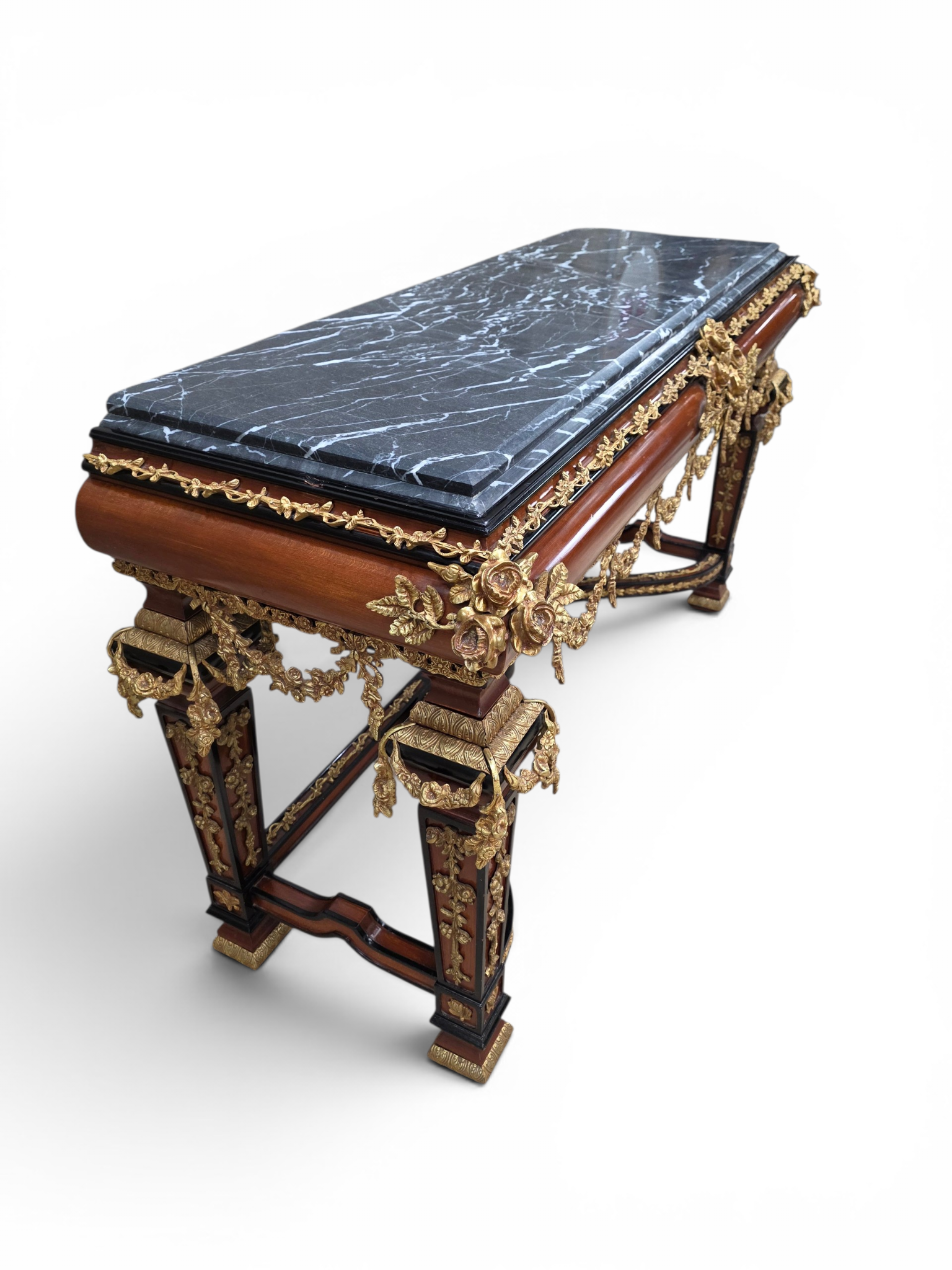 New - Antique French Louis XVI Napoleon III Style Mahogany, Gilt Bronze & Black Marble Console Table with Matching Mirror