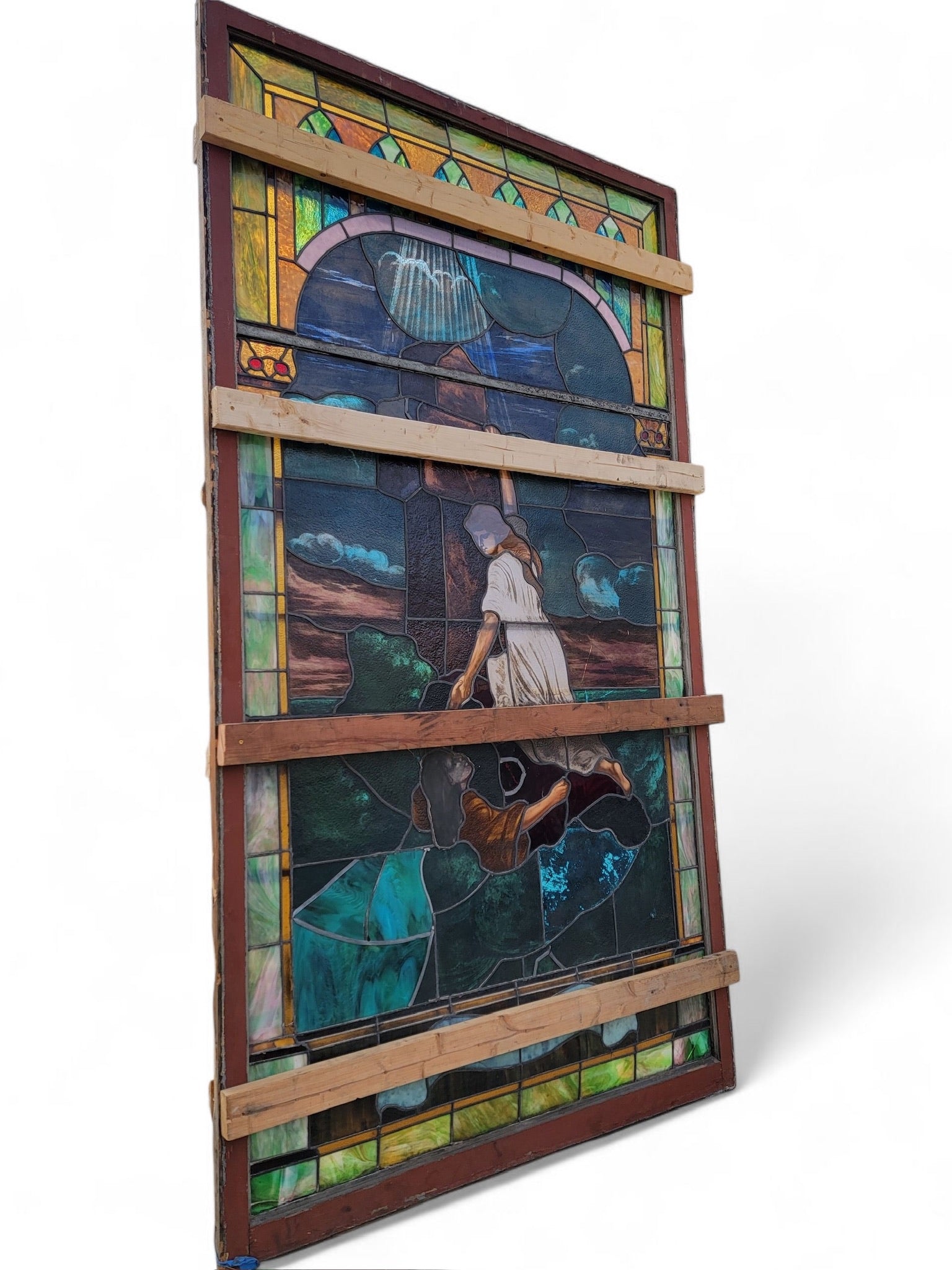 Antique Monumental Tiffany Style Salvaged “Heaven” Stained Glass Window