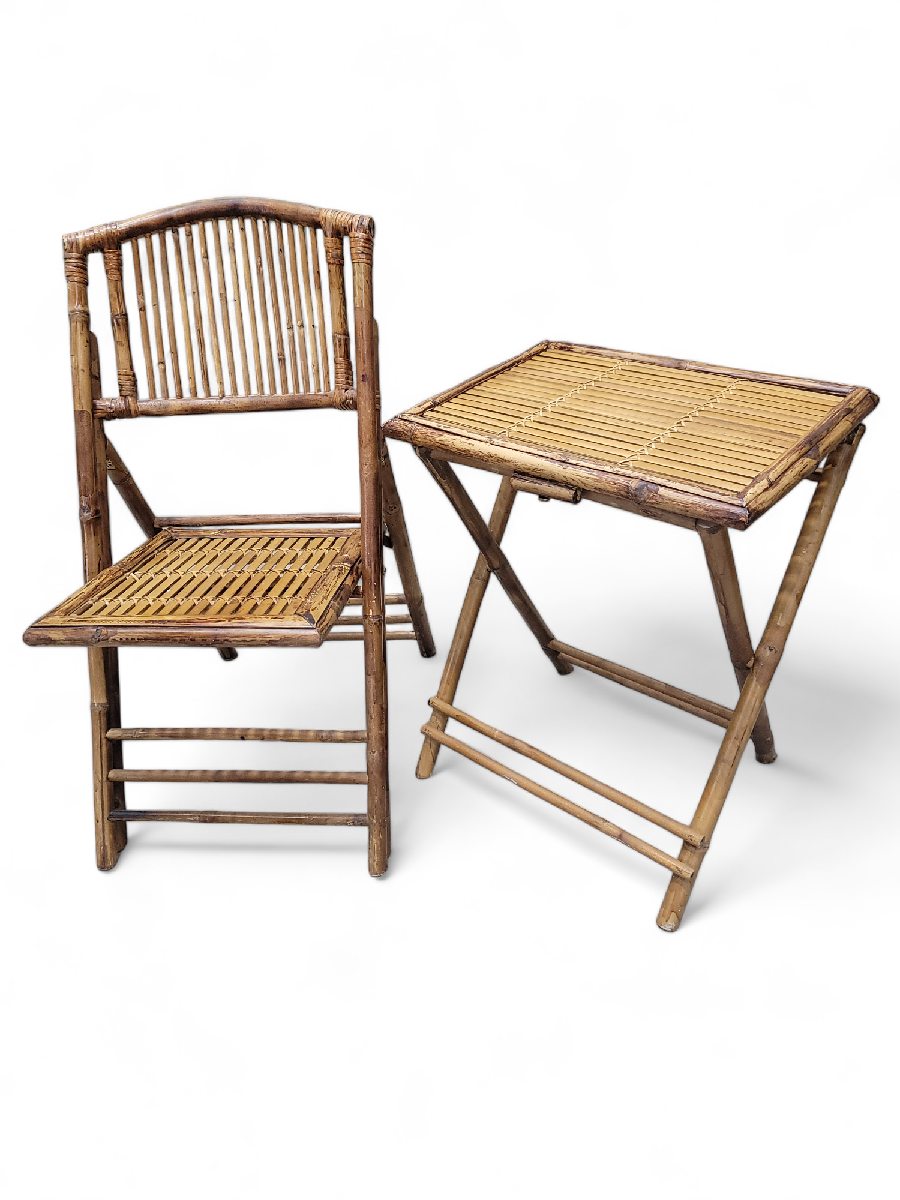 NEW - Mid-Century Set of 6 British Colonial Styled Bamboo Folding Chairs w/2 Folding Bamboo Side Tables - 8 piece set