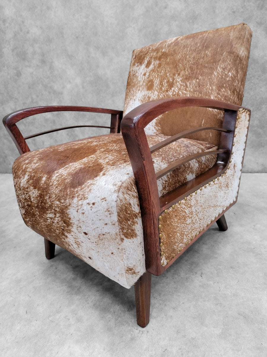 Vintage French Art Deco Arched Wood Bridge Arm Lounge Chairs Newly Upholstered in Cowhide - Pair