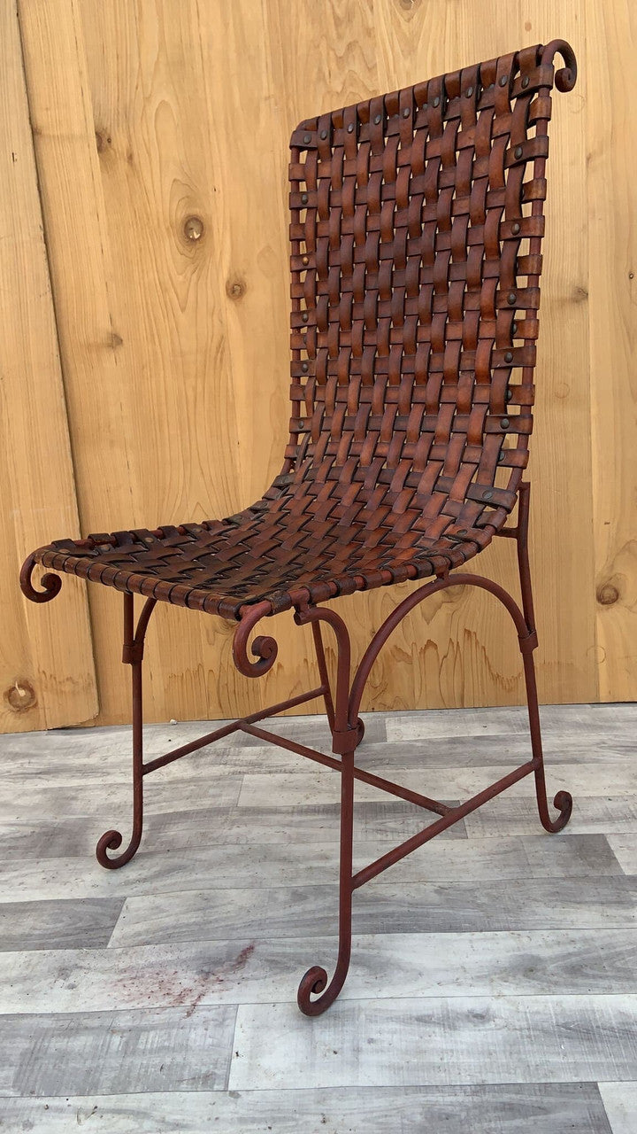 Vintage Italian Hand Forged Wrought-Iron Woven Leather Side Chairs - Pair