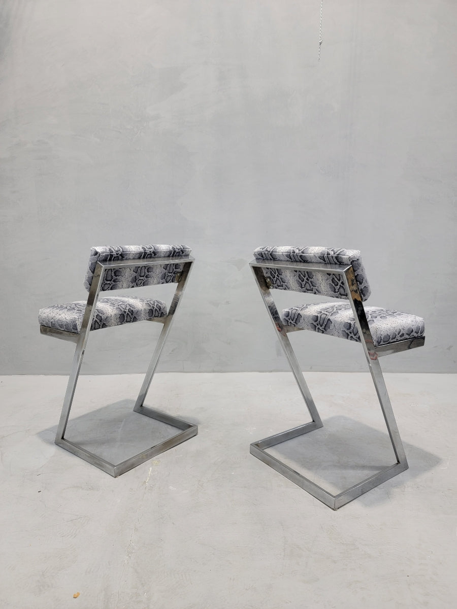 Mid Century Modern Milo Baughman DIA Chrome Z Flat-Bar Vanity Stools Newly Upholstered in Python Print Italian Leather- Pair
