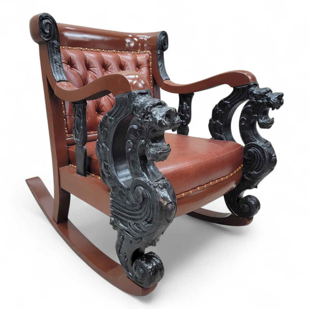 Antique R.J. Horner Style Carved Winged Griffin Tufted Parlor Set Newly Restored & Reupholstered in Leather - 3 Piece Set