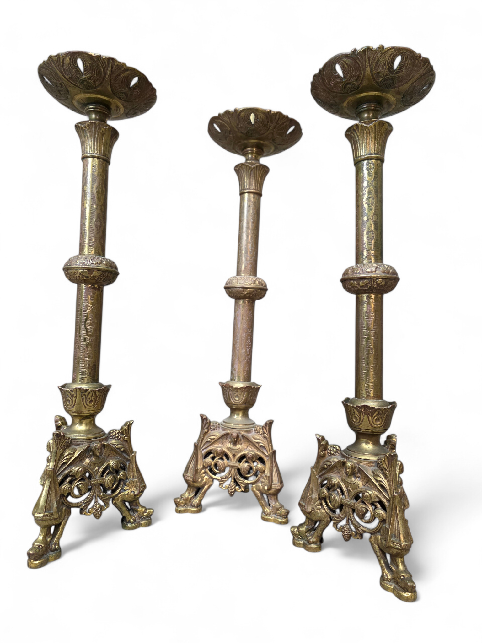 New - Antique French Rococo Revival Brass Altar Candlesticks, Set of Three