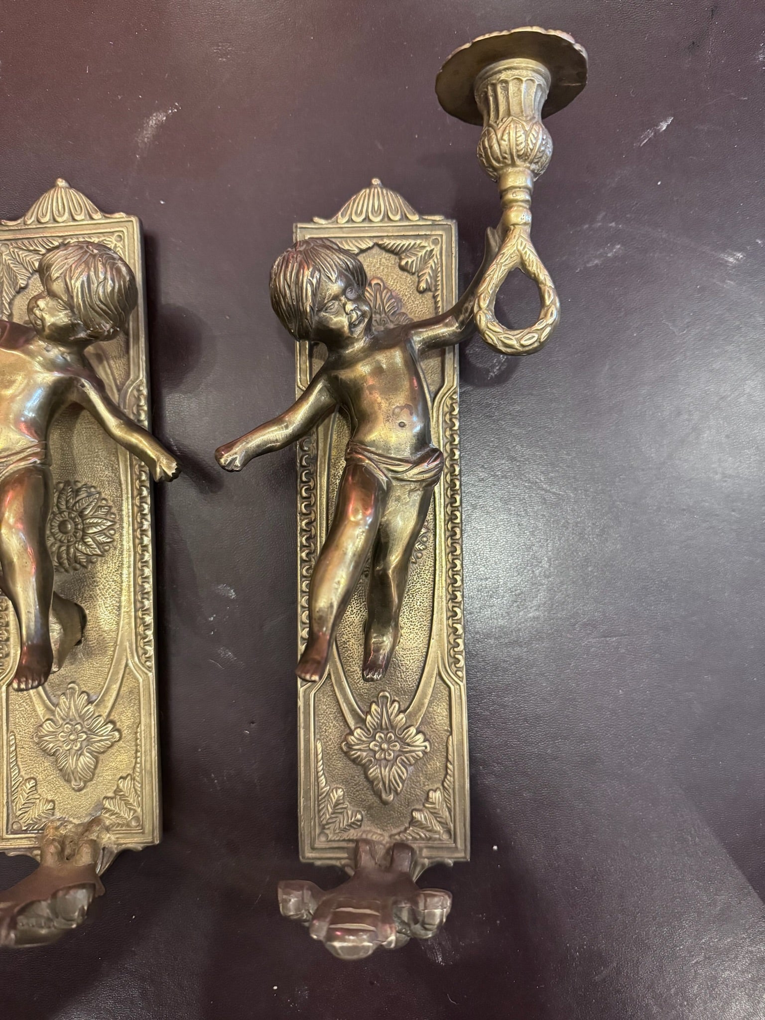 Vintage Brass Putti Cherub Angel Wall Mounted Sconces Candle Holders - Set of 2