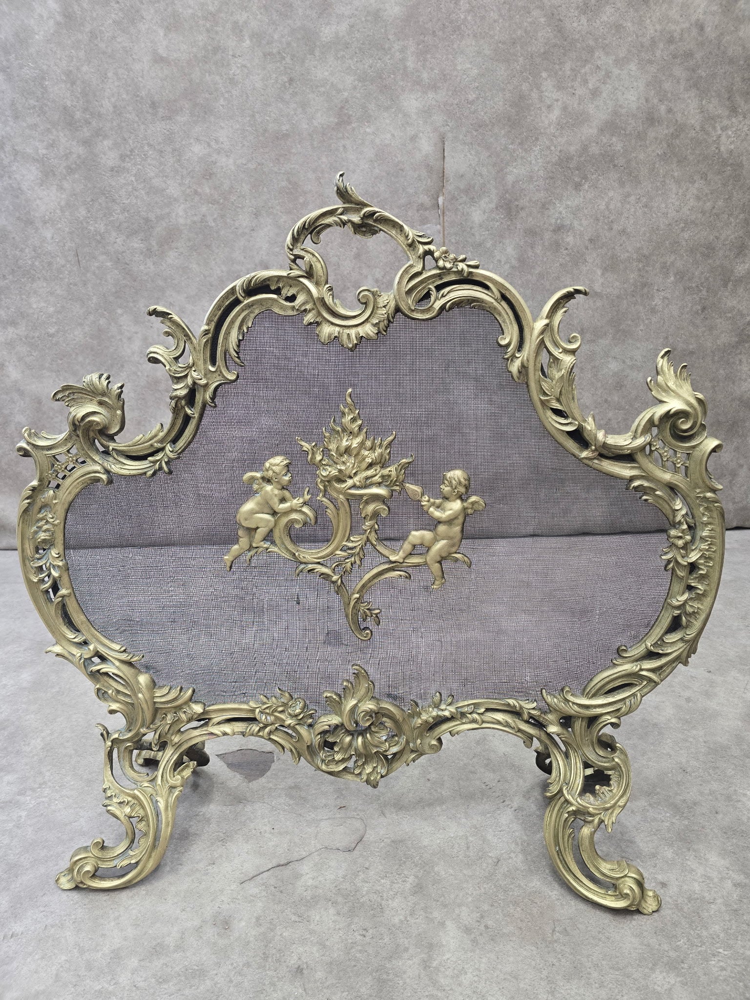 Antique Louis Style French Brass Cherub and Floral Free Standing Fire Screen