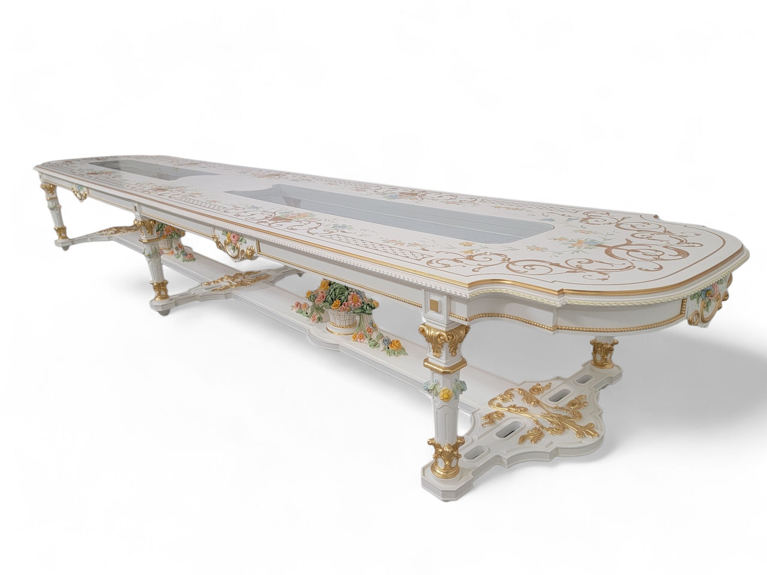Vintage Monumental 20 Seat Venetian Rococo Gilded Hand Painted Capodimonte Style Dining Set