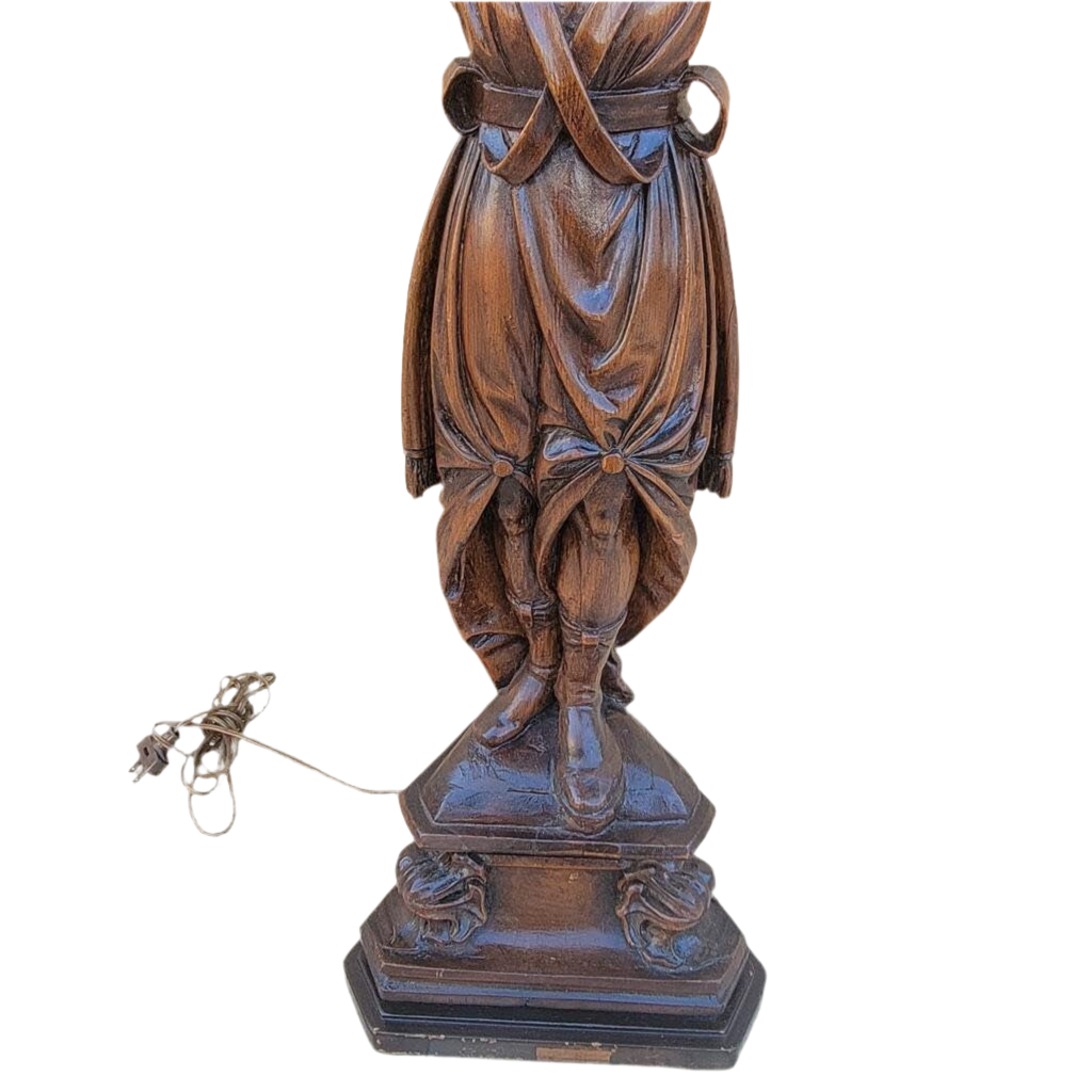 Antique Carved Walnut Figural Lamp with Shade