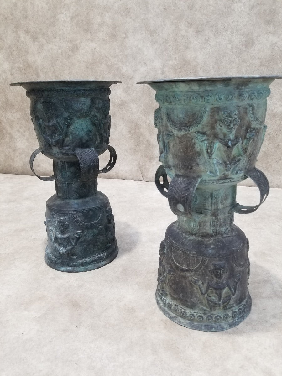 HOLD - Antique Balinese Hammered Bronze Rain Drum Garden Stool/Plant Stand - Set of 2