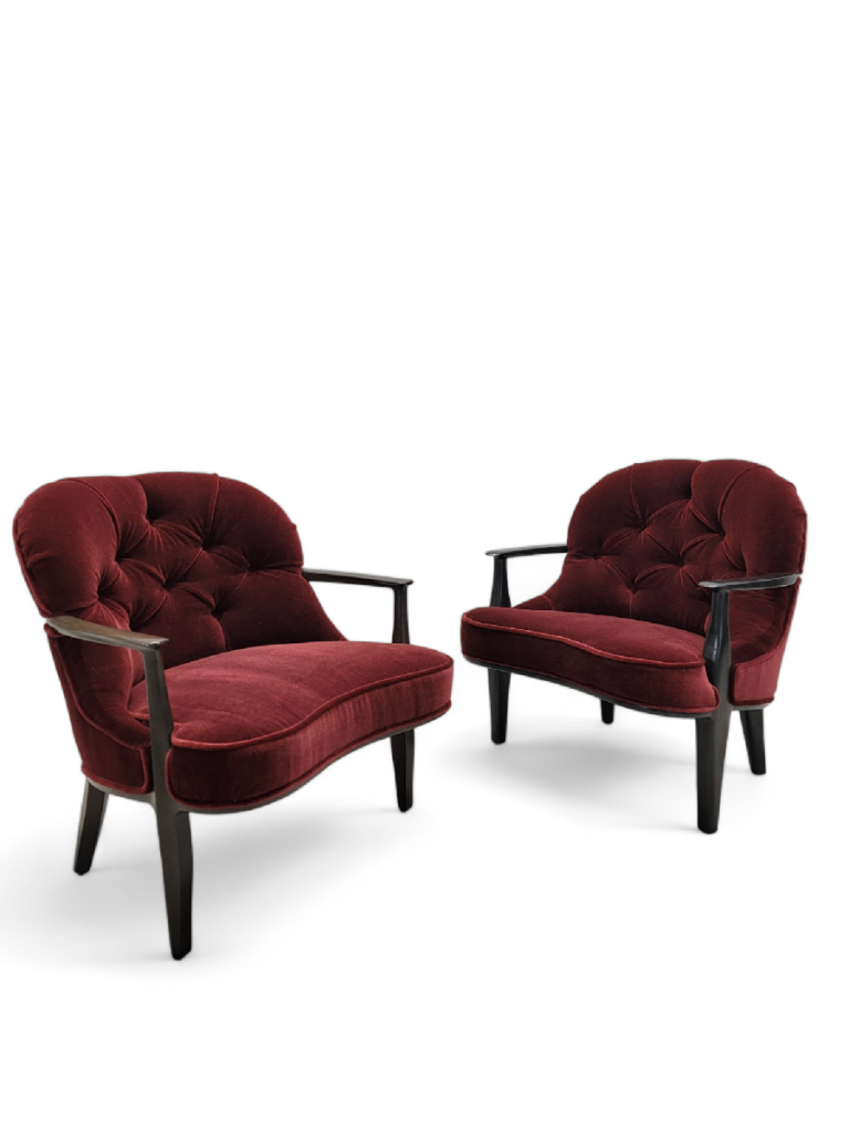 Mid Century Modern Edward Wormley Janus Style Tufted Lounge Chairs Newly Upholstered in Maroon Mohair - Pair