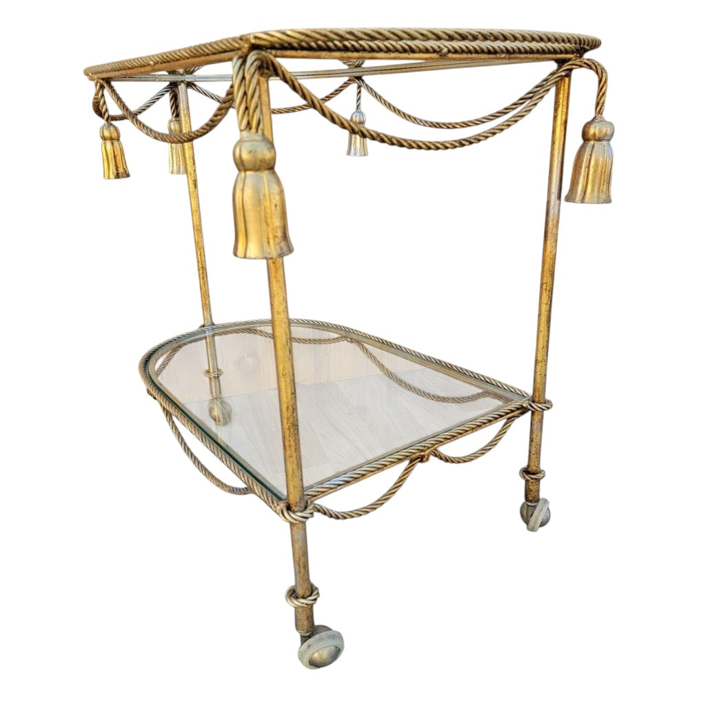 Hollywood Regency Italian Gilt Rope and Tassel Drinks Trolley Bar Cart