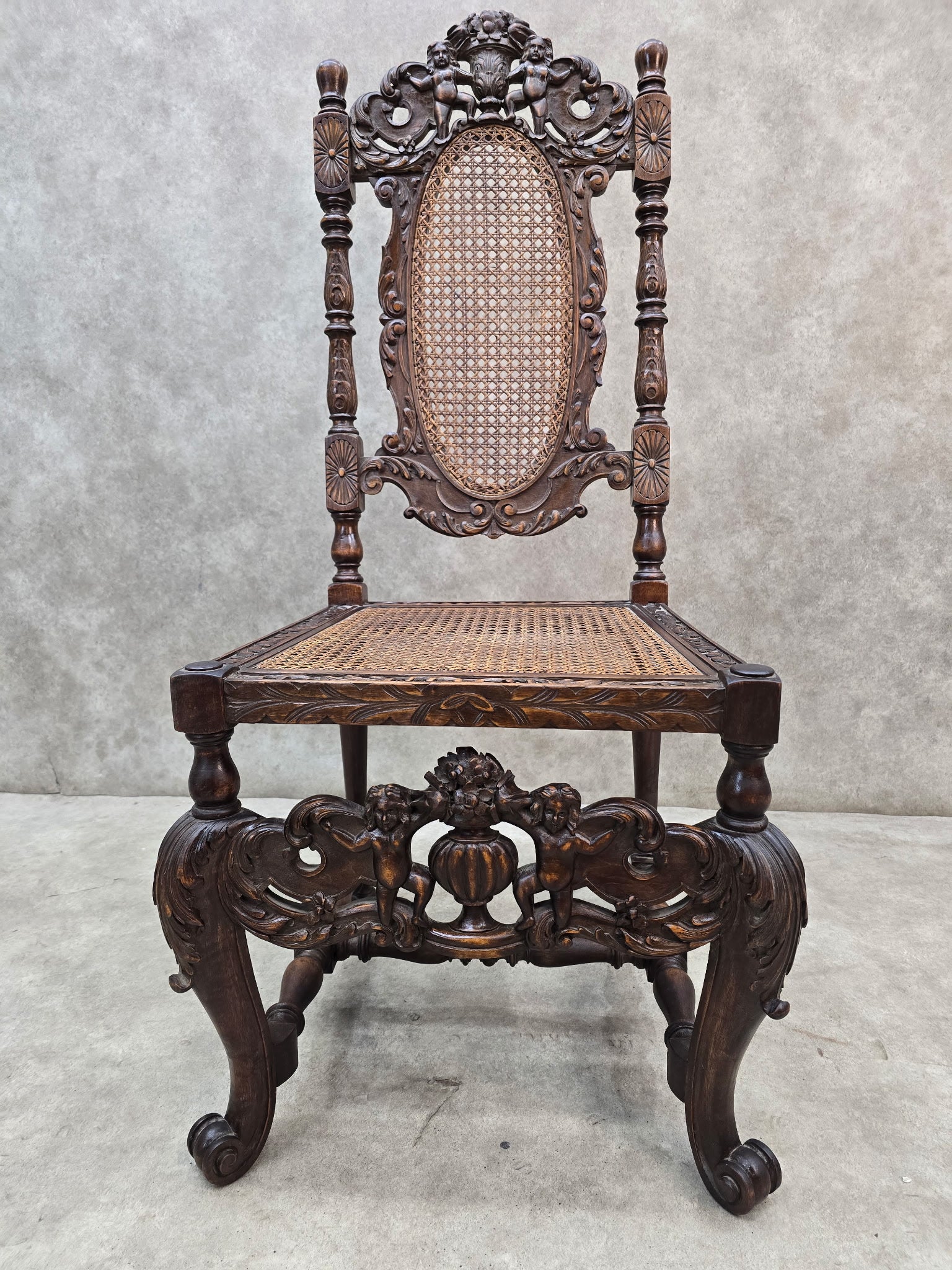 Antique Renaissance Revival Cane Throne Chairs - Pair