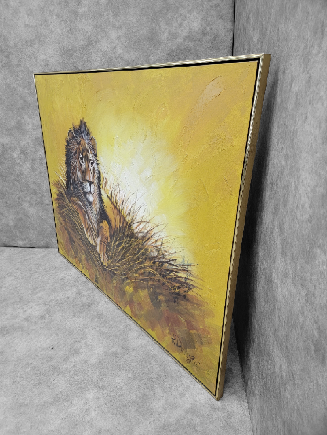 Mid Century Modern R. Delongprie "Lion" Oil Painting on Canvas Signed