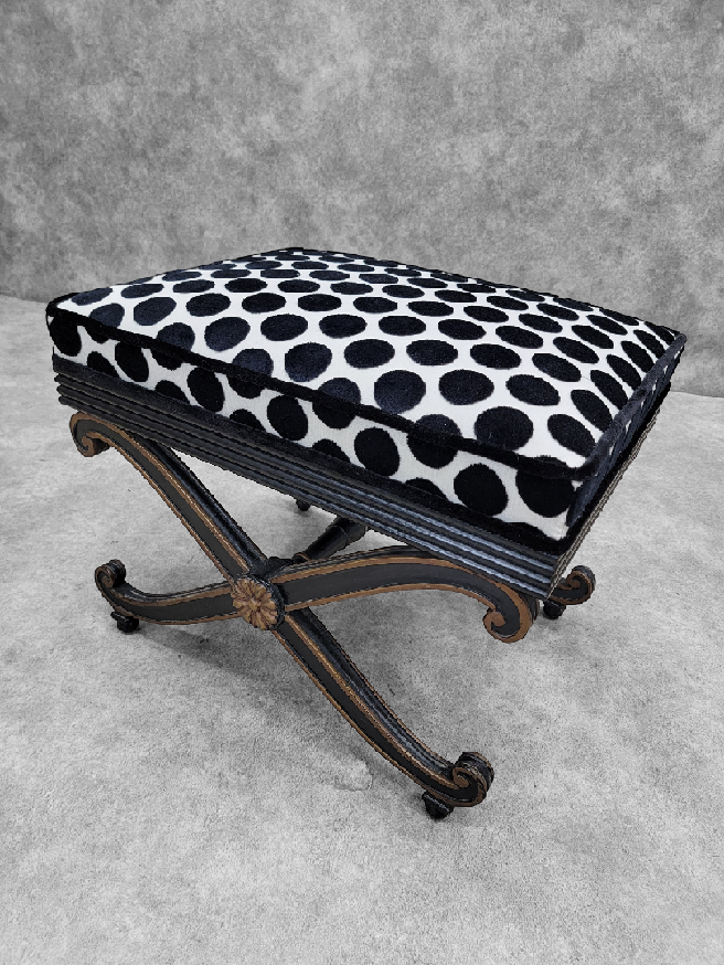 Vintage French Regency Style Ottomans Newly Upholstered in Black & White Velvet Polka Dot Fabric - Pair